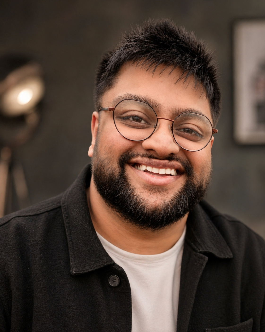 A smiling man with glasses, a beard, and short dark hair, wearing a black jacket and white shirt, in a dimly lit indoor space.