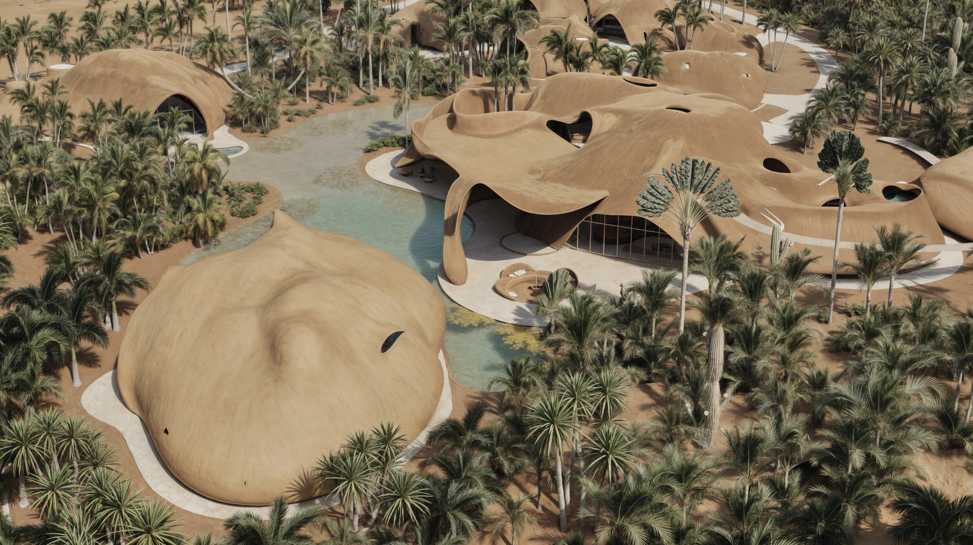 Aerial view of a modern desert resort with organic shaped buildings, surrounded by palm trees and a water feature.