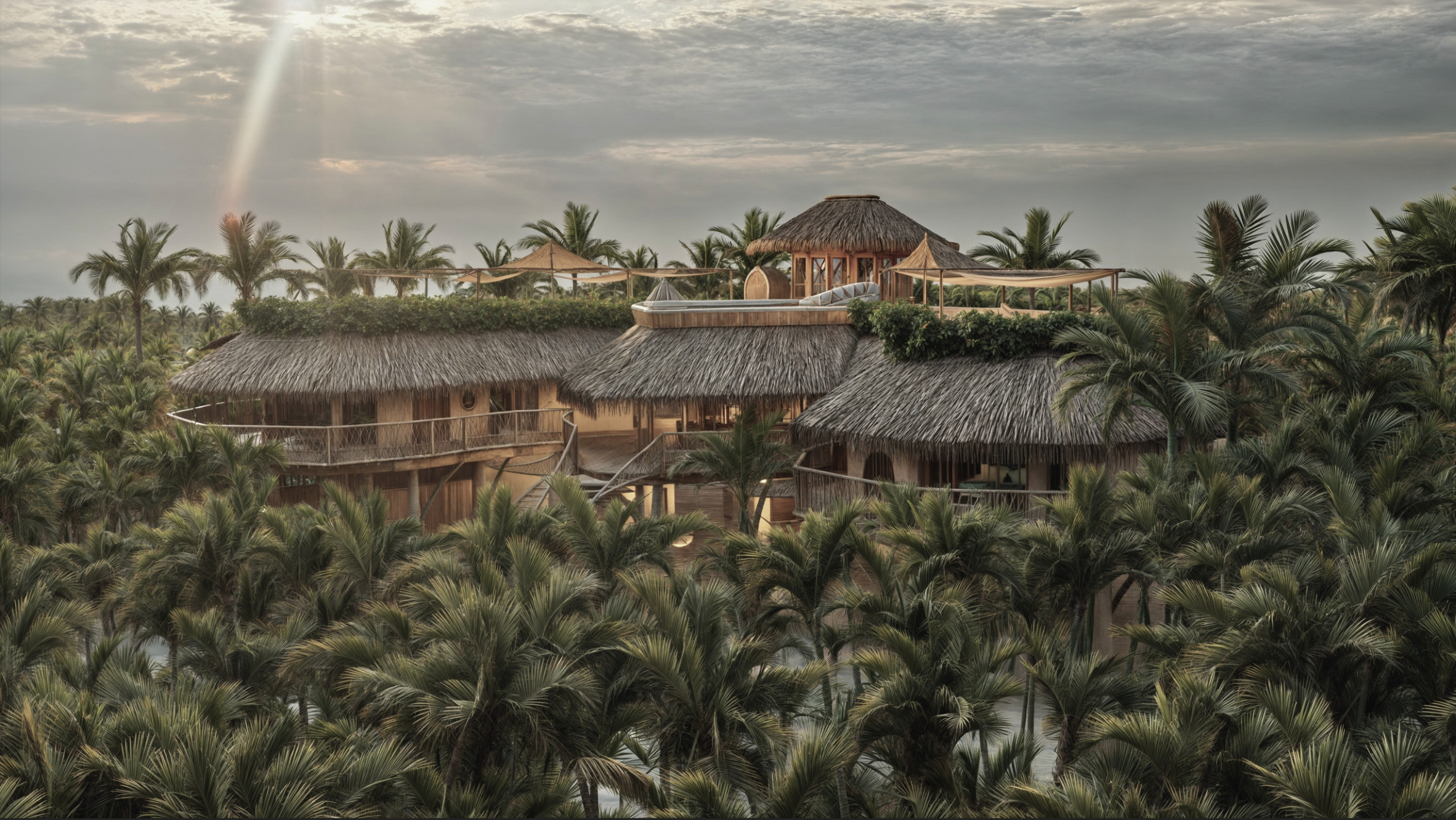 Overwater bungalow resort with thatched roofs surrounded by lush palm trees in a tropical setting under a cloudy sky with a sunbeam.