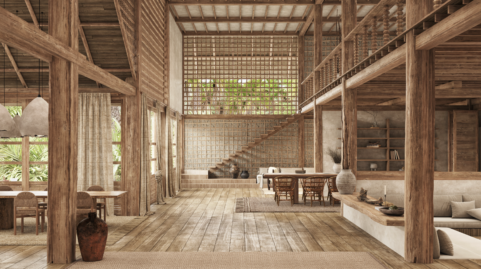 Open-plan living and dining area with wooden beams, large windows with curtains, and tropical plants outside. Features a dining table with chairs, a seating area with sofas, decorative vases, and a staircase leading to an upper loft with a grid-patterned wall.