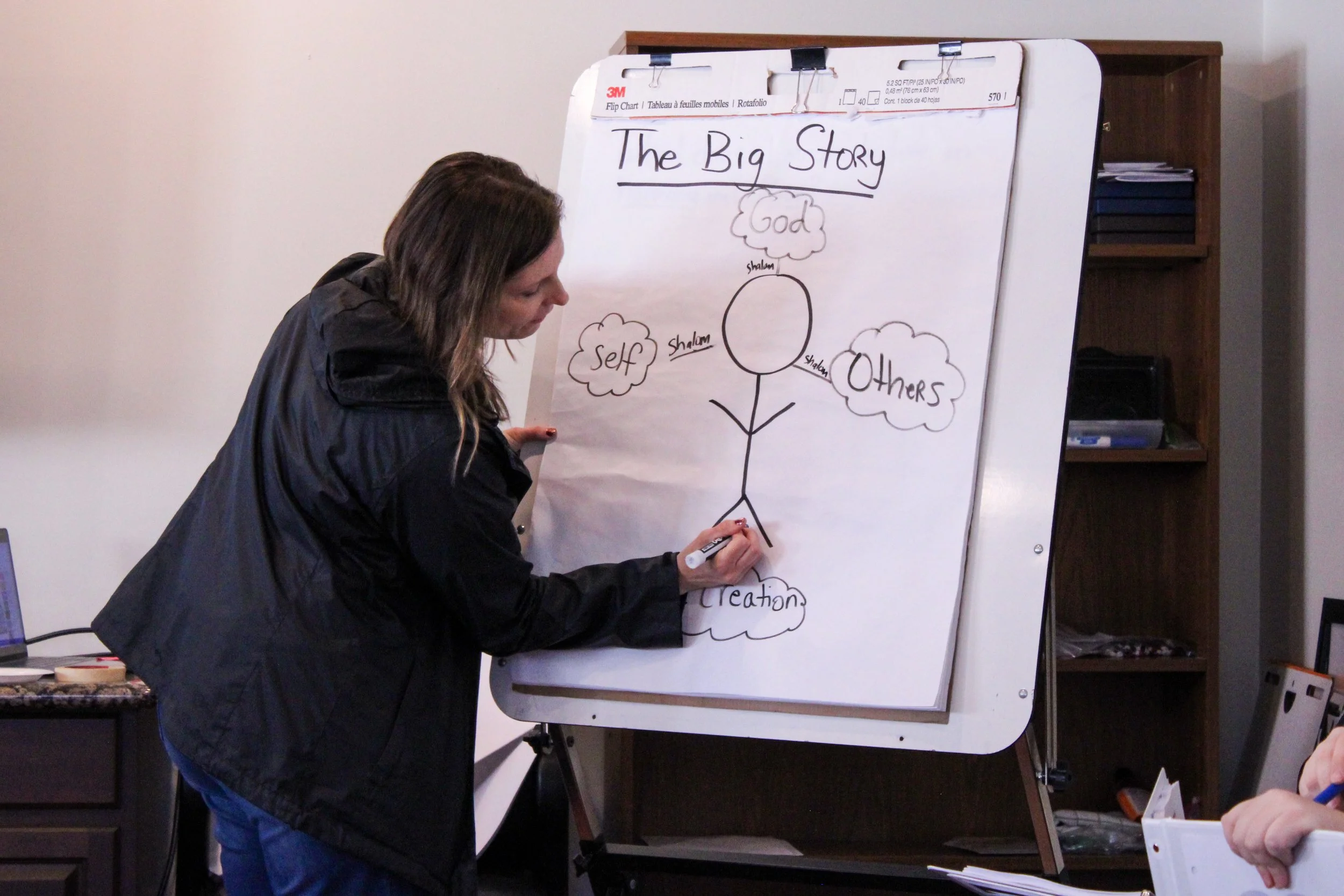 A woman writes on a large flip chart with a diagram titled "The Big Story" including words like "God," "self," "shalom," "shalom," and "others". She is in a room with shelves and papers around.