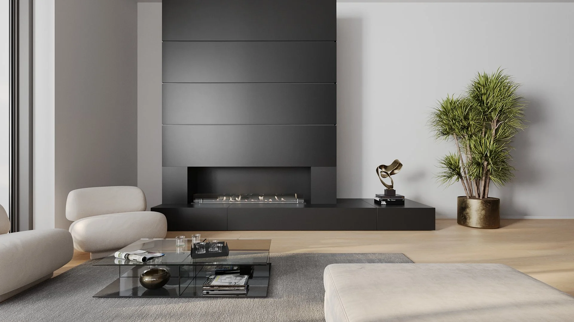 Modern living room with a black fireplace, a glass coffee table, white upholstered armchairs, and a large potted plant with tall green leaves.