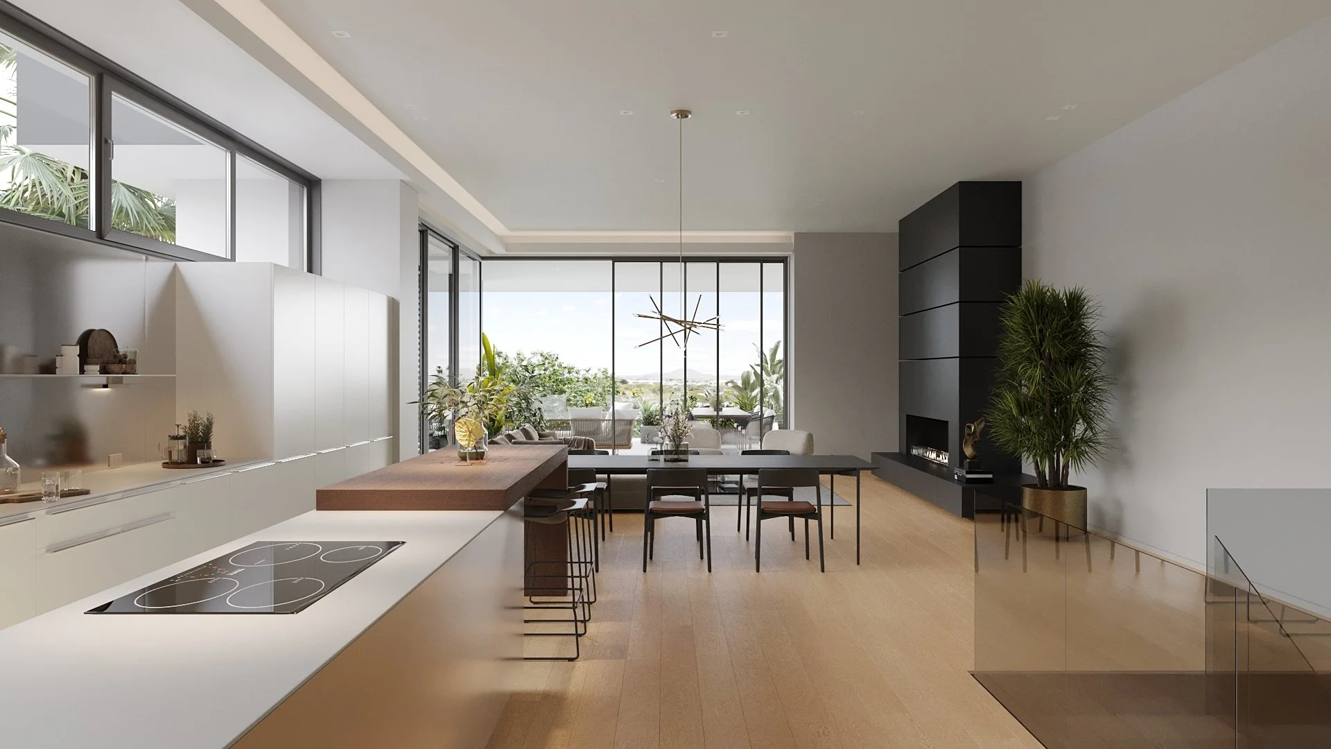 Modern open-concept living and kitchen area with large windows, wooden flooring, a dining table with chairs, a minimalist fireplace, and green plants.