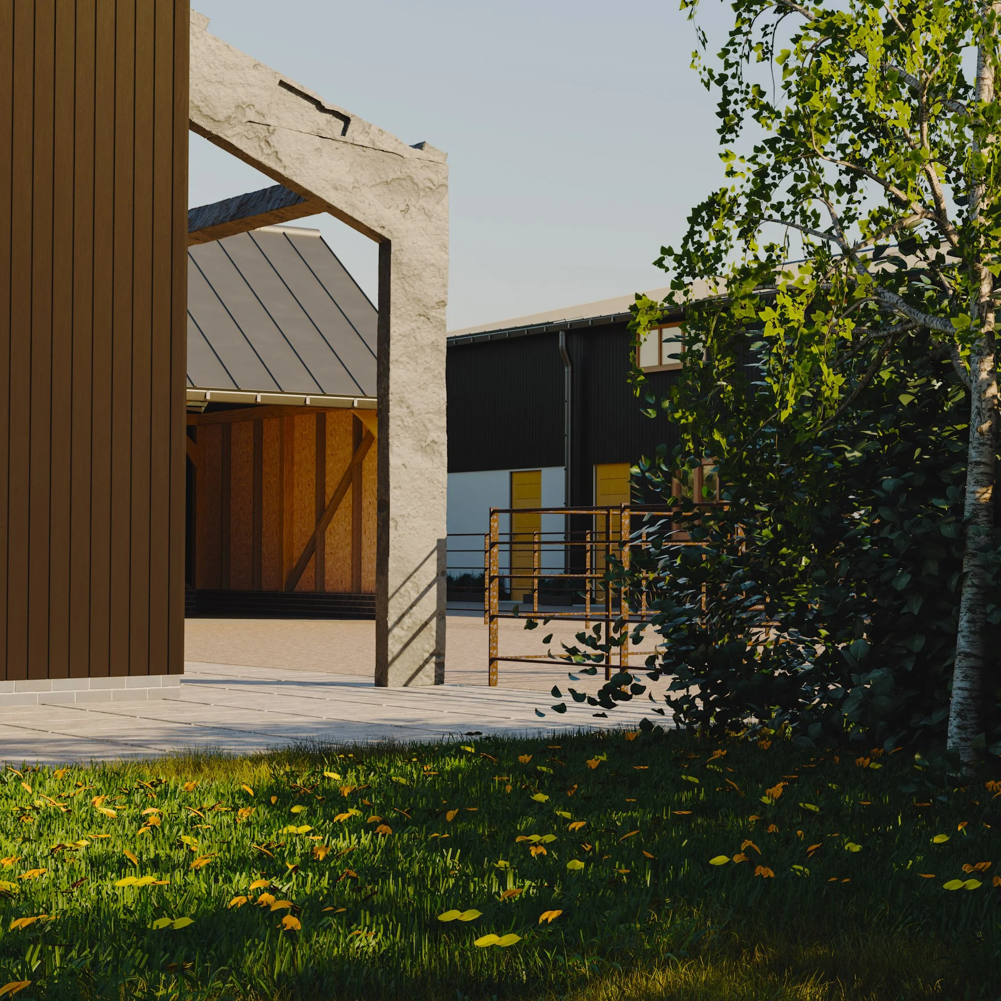 CGI visual of a modern building exterior with a grassy lawn, a tree, and an open archway entrance. By Frame Seven