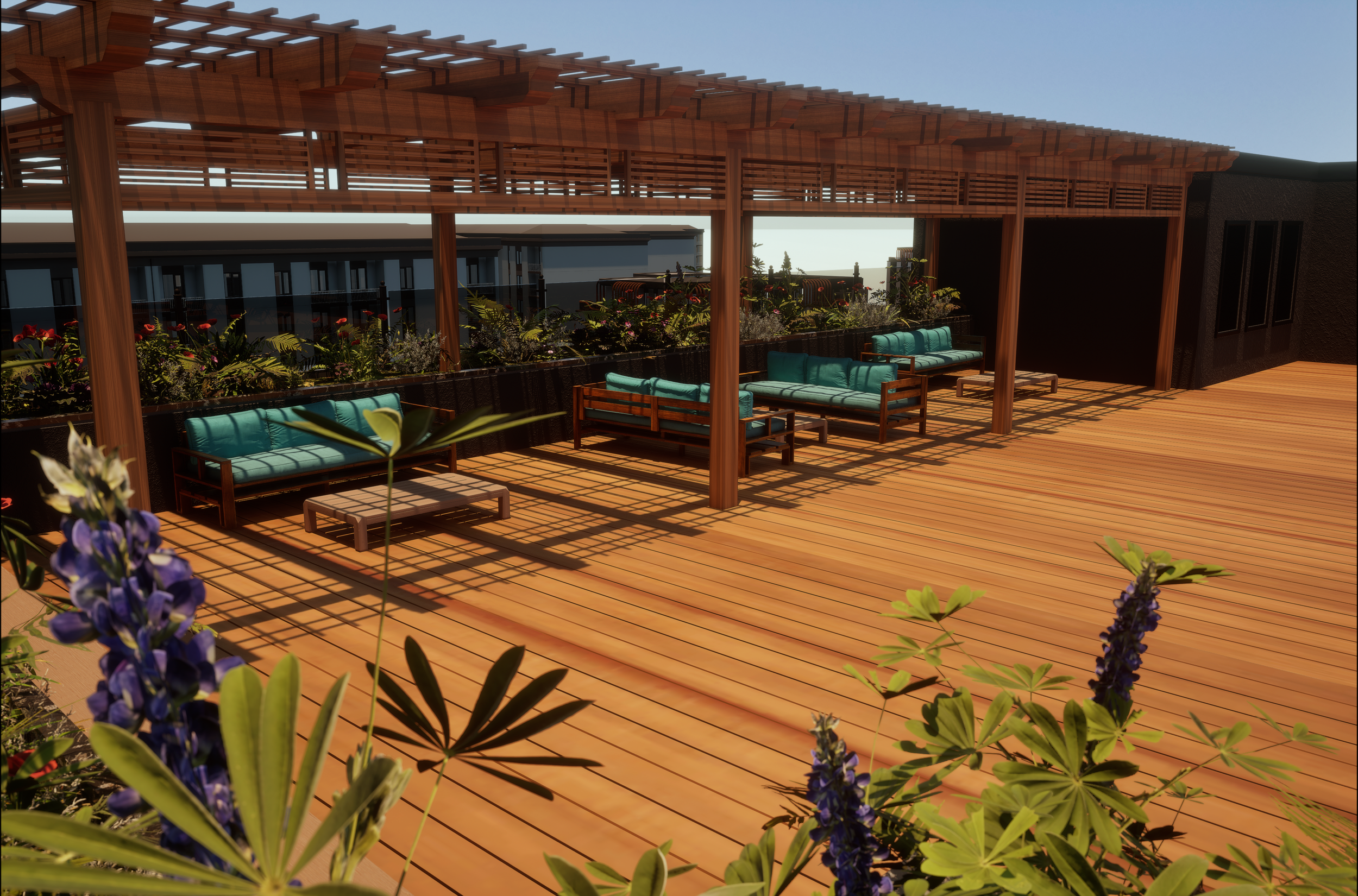 CGI visual | An outdoor rooftop patio with green cushioned wooden couches and chairs, surrounded by flower beds with purple and red flowers, and a wooden deck with a slatted overhead cover. By Frame Seven