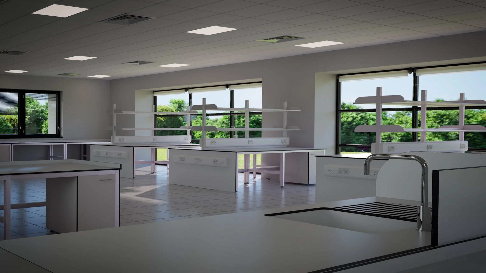 CGI visual | Empty laboratory with white countertops, sinks, and shelving units, large windows with natural light and outside greenery. By Frame Seven