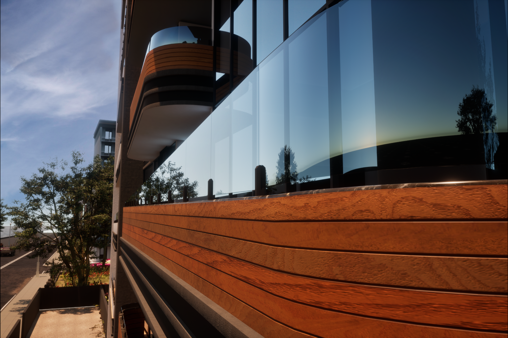 CGI visual | Close-up of a modern building with reflective glass windows and wooden balcony railings, trees, and a street visible in the reflection. By Frame Seven