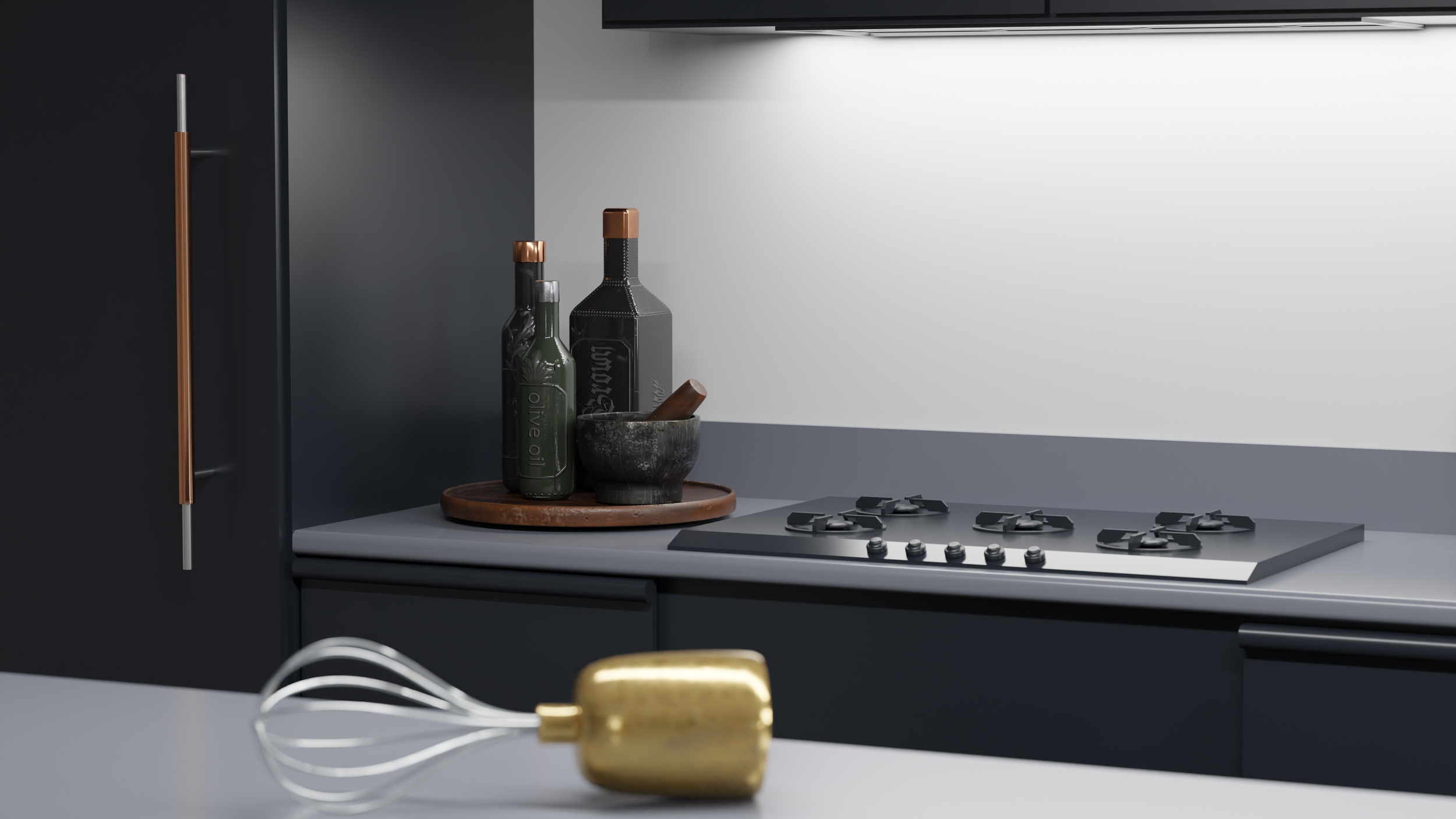 CGI visual close up of kitchen with utensils, bottles and hob. By Frame Seven