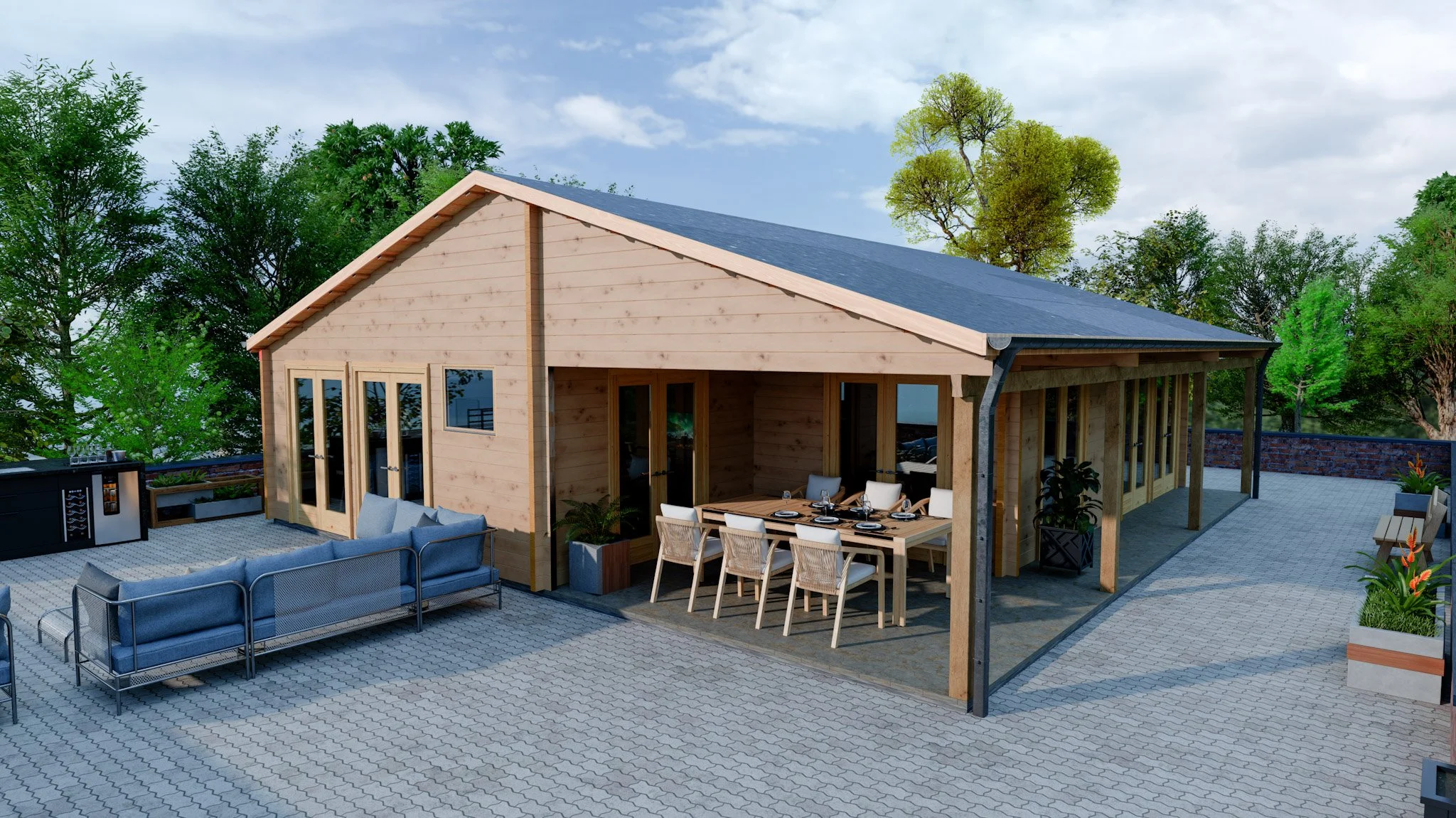 CGI visual | A modern Pre-Fab wooden house with a large outdoor patio, including a dining area with a table and chairs, a lounge area with blue sofas, and planters with greenery, set in a lush, tree-filled environment. By Frame Seve