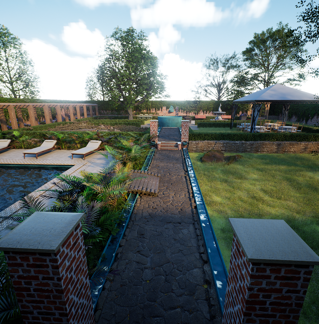 CGI Visual | A landscaped outdoor area with a pathway, lounge chairs by a pool, lush greenery, and a seating area under a canopy, with trees and a blue sky with clouds in the background.  By Frame Seven
