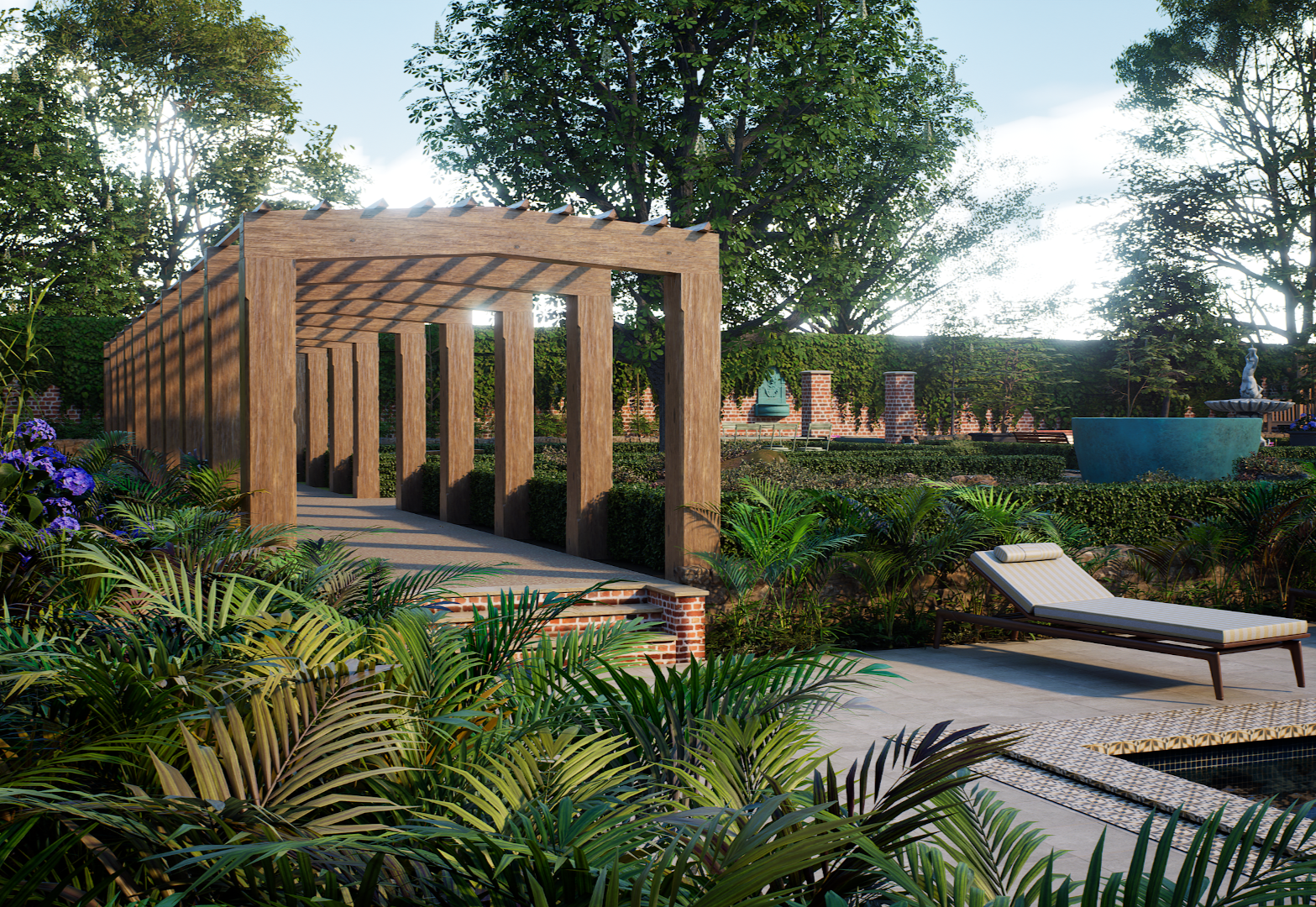 CGI visual | A backyard garden with a wooden pergola, lush green plants, a lounge chair near a pool, and a fountain in the background. By Frame Seven