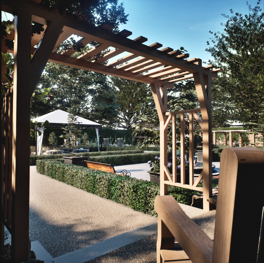 CGI Visual | View of a landscaped park with benches, hedges, trees, a tent, and a wooden pergola structure, under a clear blue sky. By Frame Seven