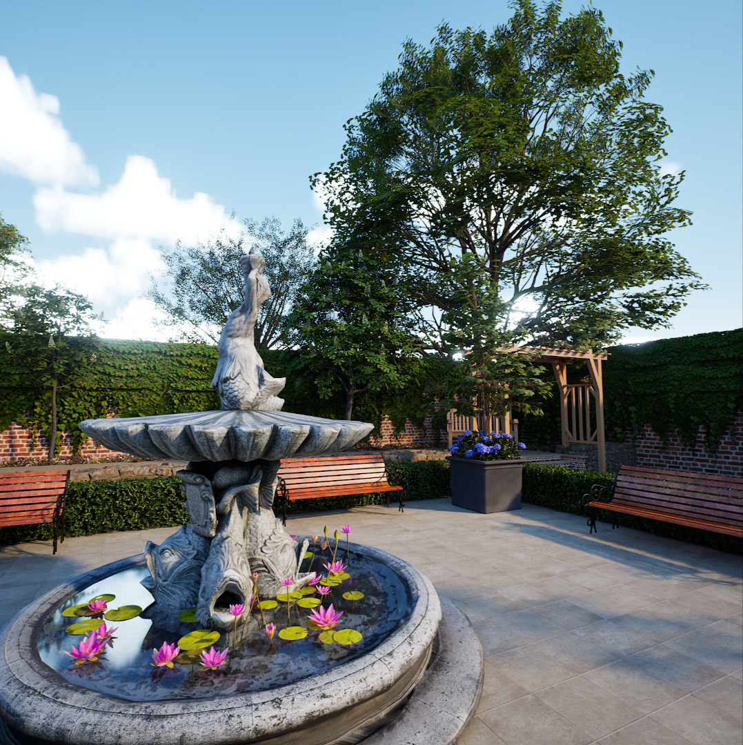 CGI visual | A garden patio with a stone fountain featuring a mermaid sculpture, water lilies, wooden benches, potted flowers, a large tree, and a brick wall covered in greenery under a blue sky with clouds. By Frame Seven