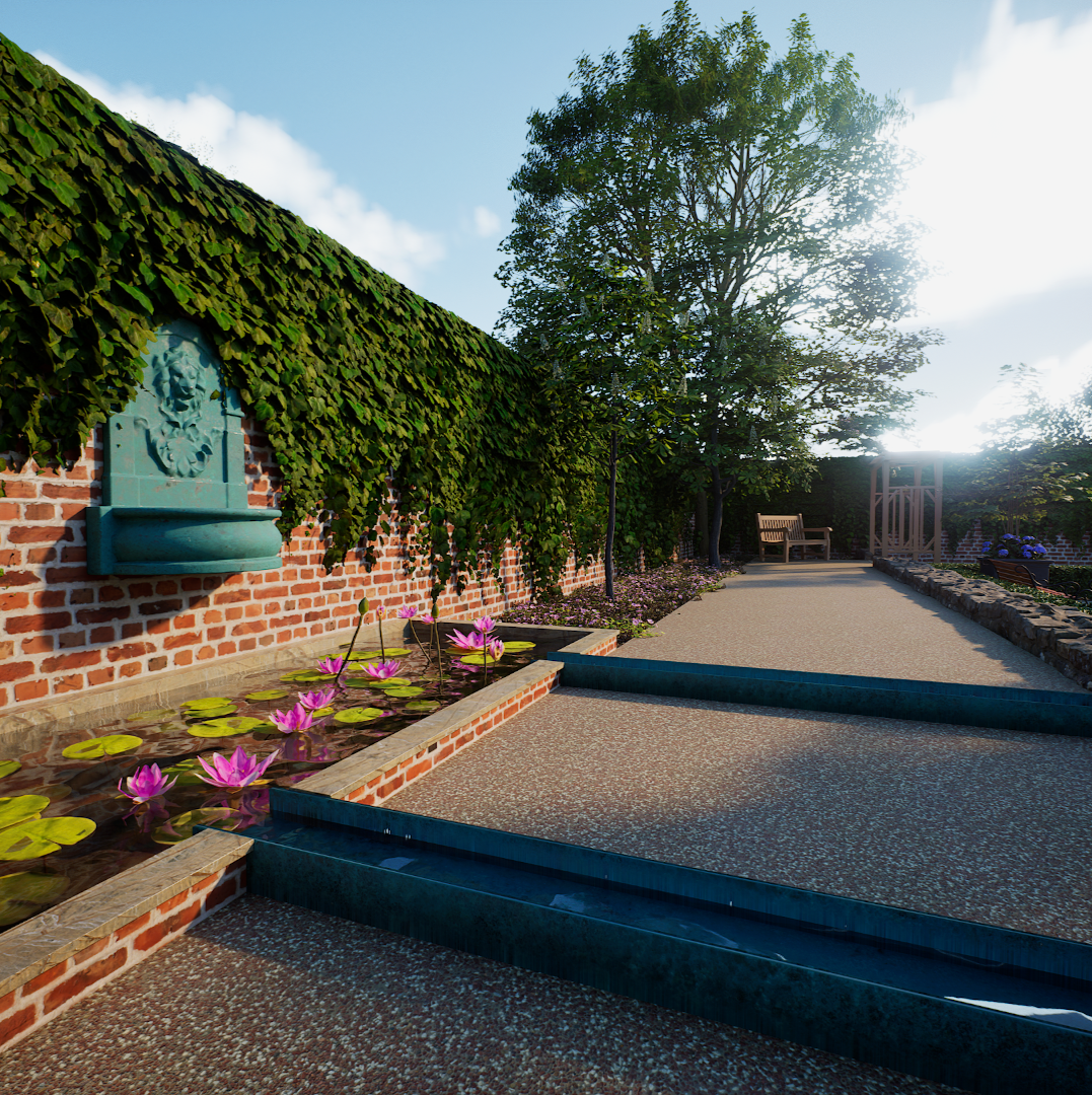 CGI visual | A peaceful park pathway with a brick wall covered in green ivy on the left, a small pond with pink water lilies, and a large tree providing shade. There are benches along the path and a bright sky with some clouds. By Frame Seven