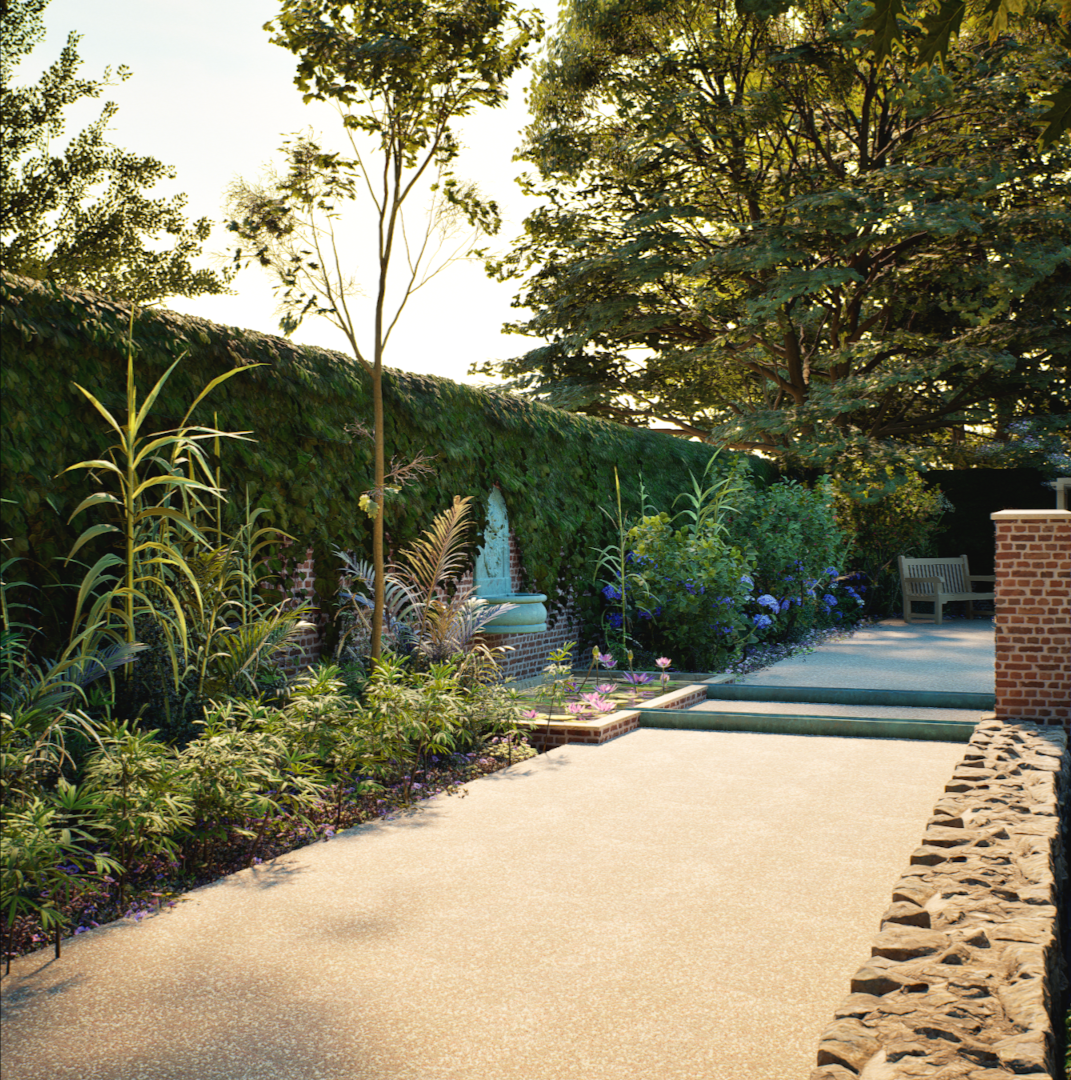 CGI visual | A landscaped garden with plants, trees, and a small fountain, featuring a stone and brick wall, a bench, and a paved pathway. By frame Seven
