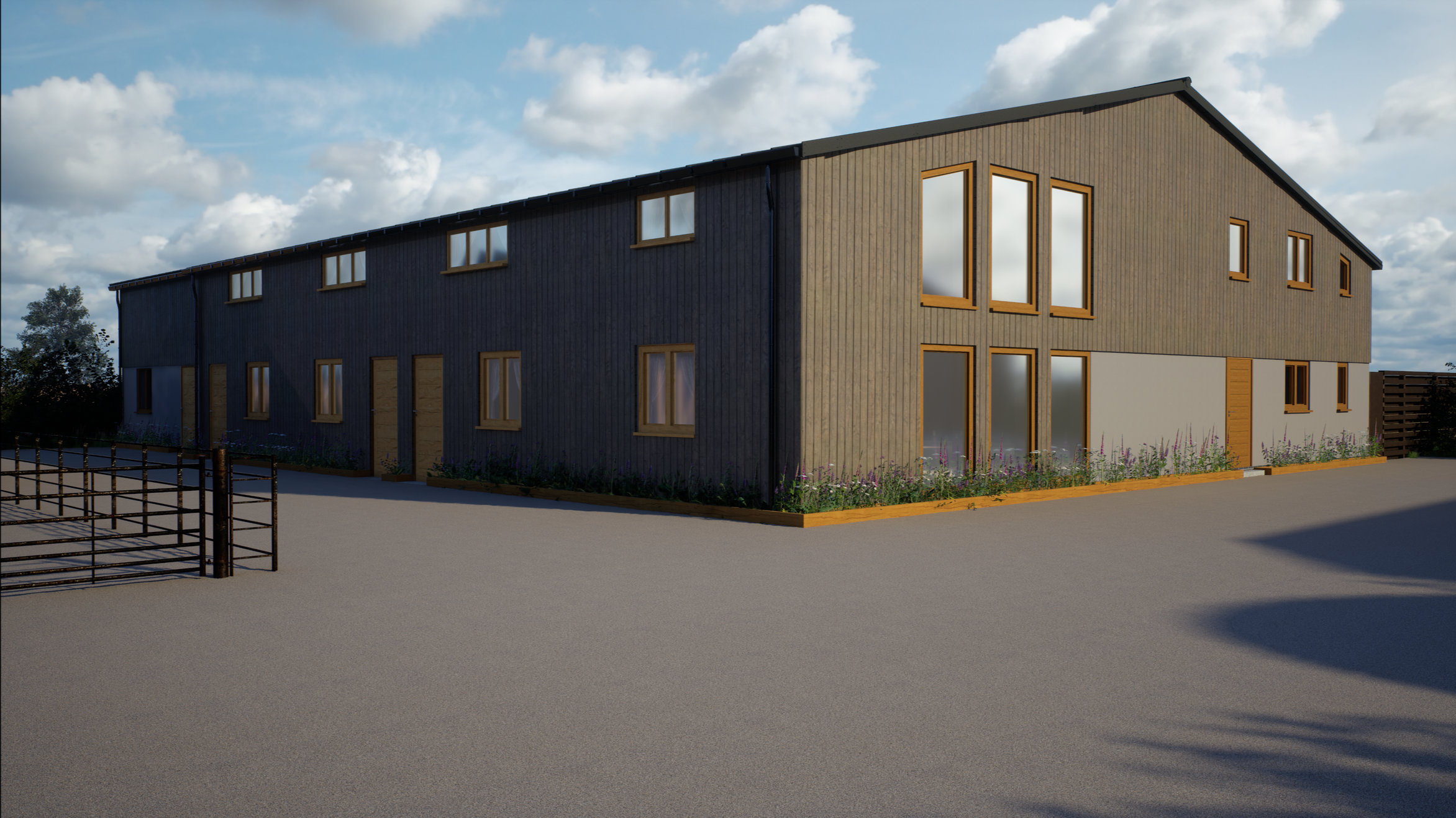 CGI visual of a modern two-story building with dark and light wood exterior, multiple windows, and a fenced area to the left, under a partly cloudy sky. By Frame Seven
