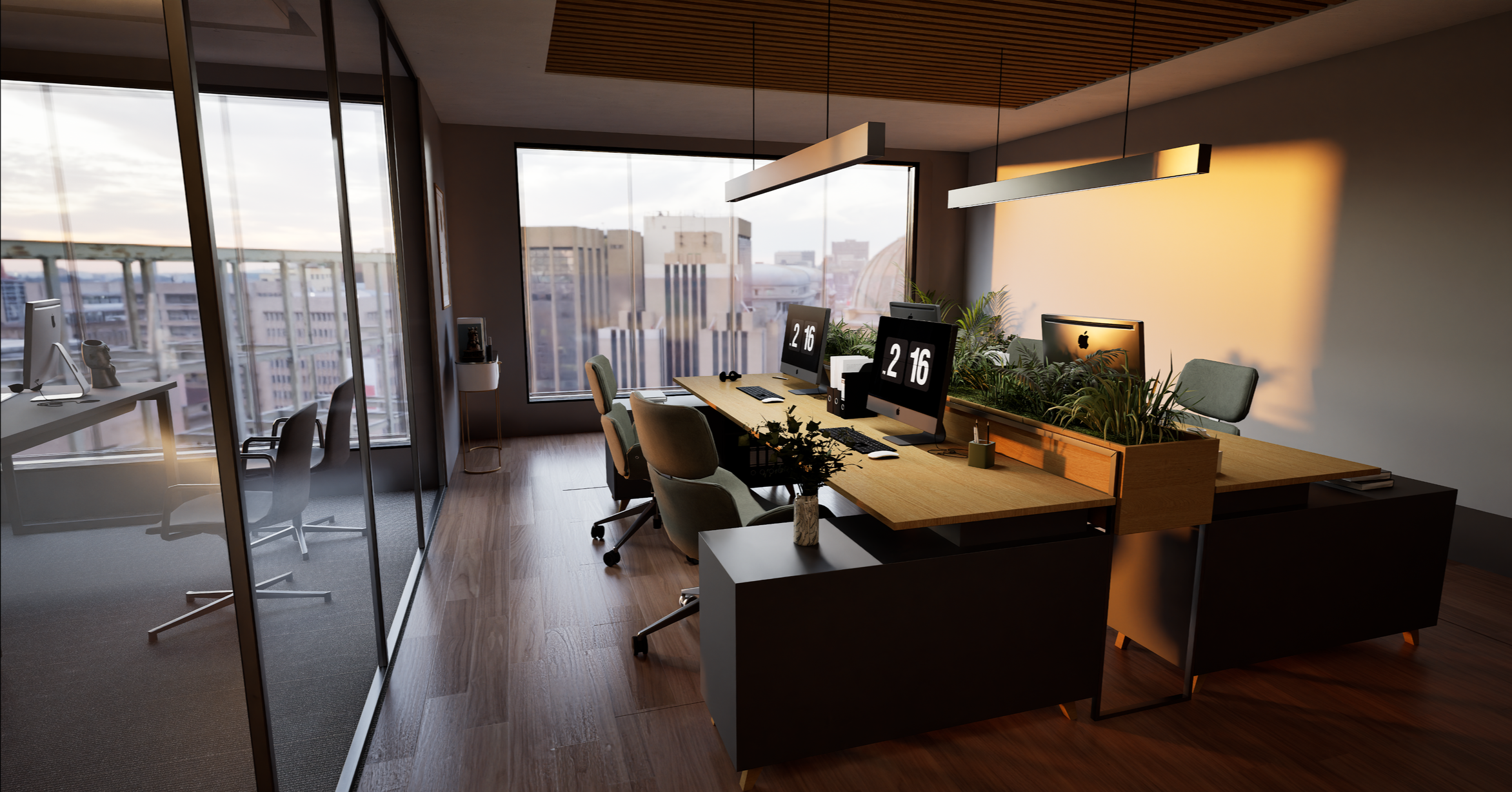 Office with workstations, chairs, and computers near large windows showing cityscape view at sunset, with warm lighting and indoor plants.