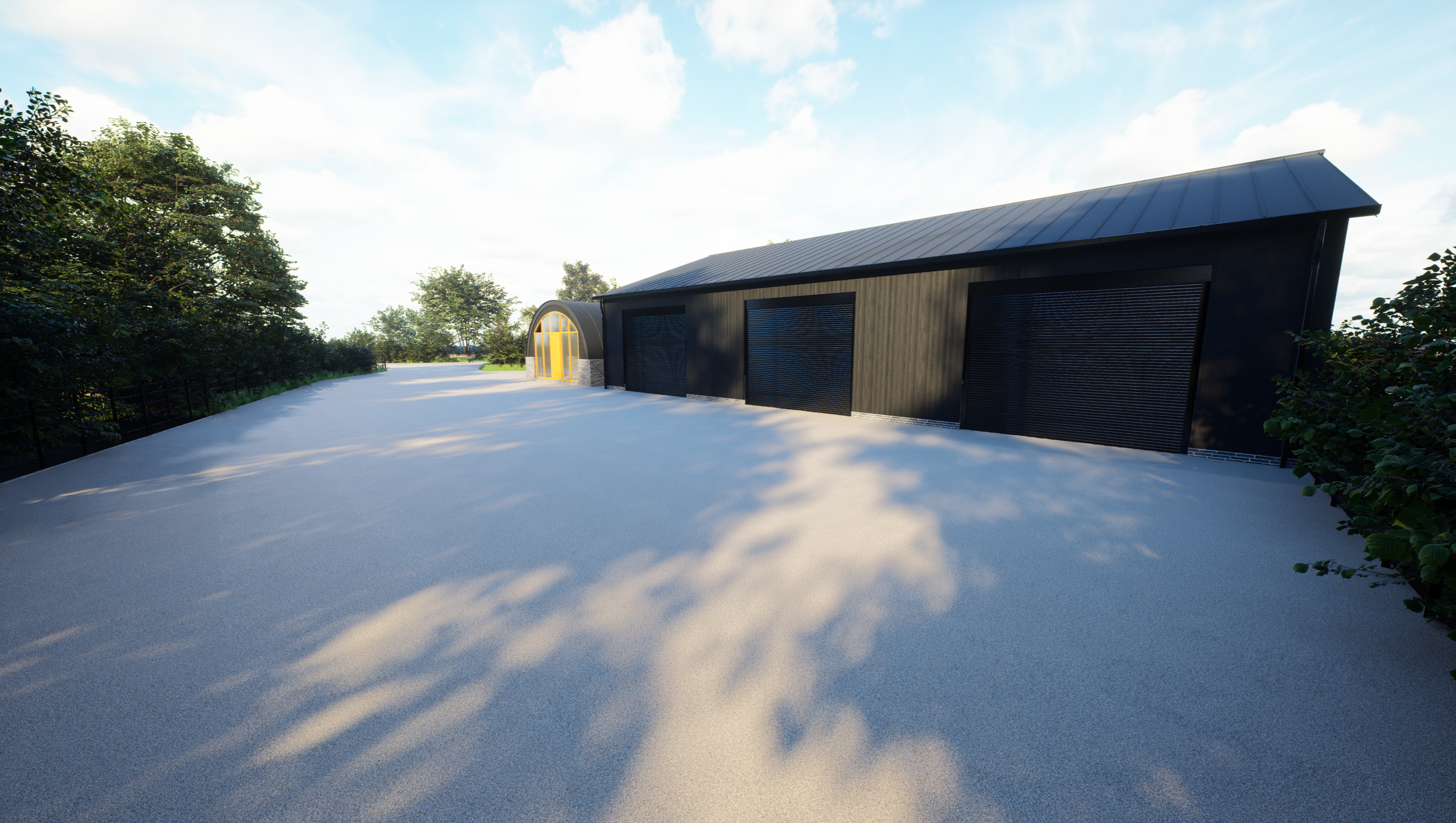 CGI visual | Black building with three large garage doors, a small yellow structure with a curved roof at the end, situated in a snow-covered landscape with trees and blue sky in the background. By Frame Seven