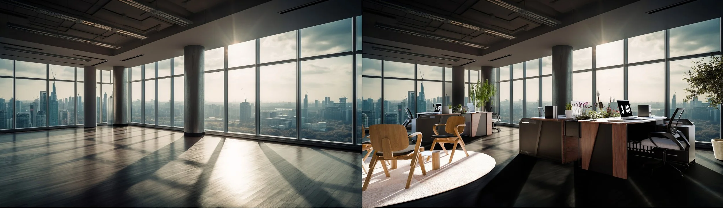 Virtual staging | Empty well lit office on the left with floor to ceiling windows. Virtually staged office on the right with furniture. By Frame Seven