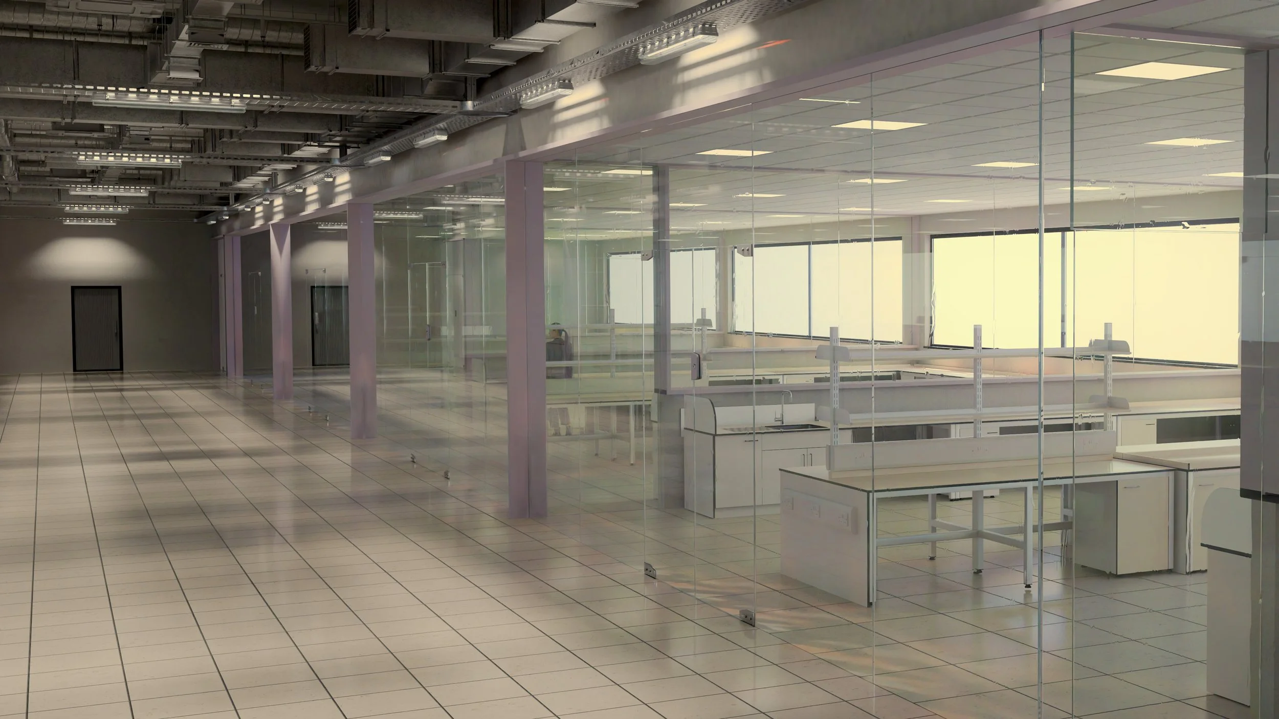 CGI visual | New build science laboratory space with glass walls, white desks, and large windows letting in natural light. By frame Seven