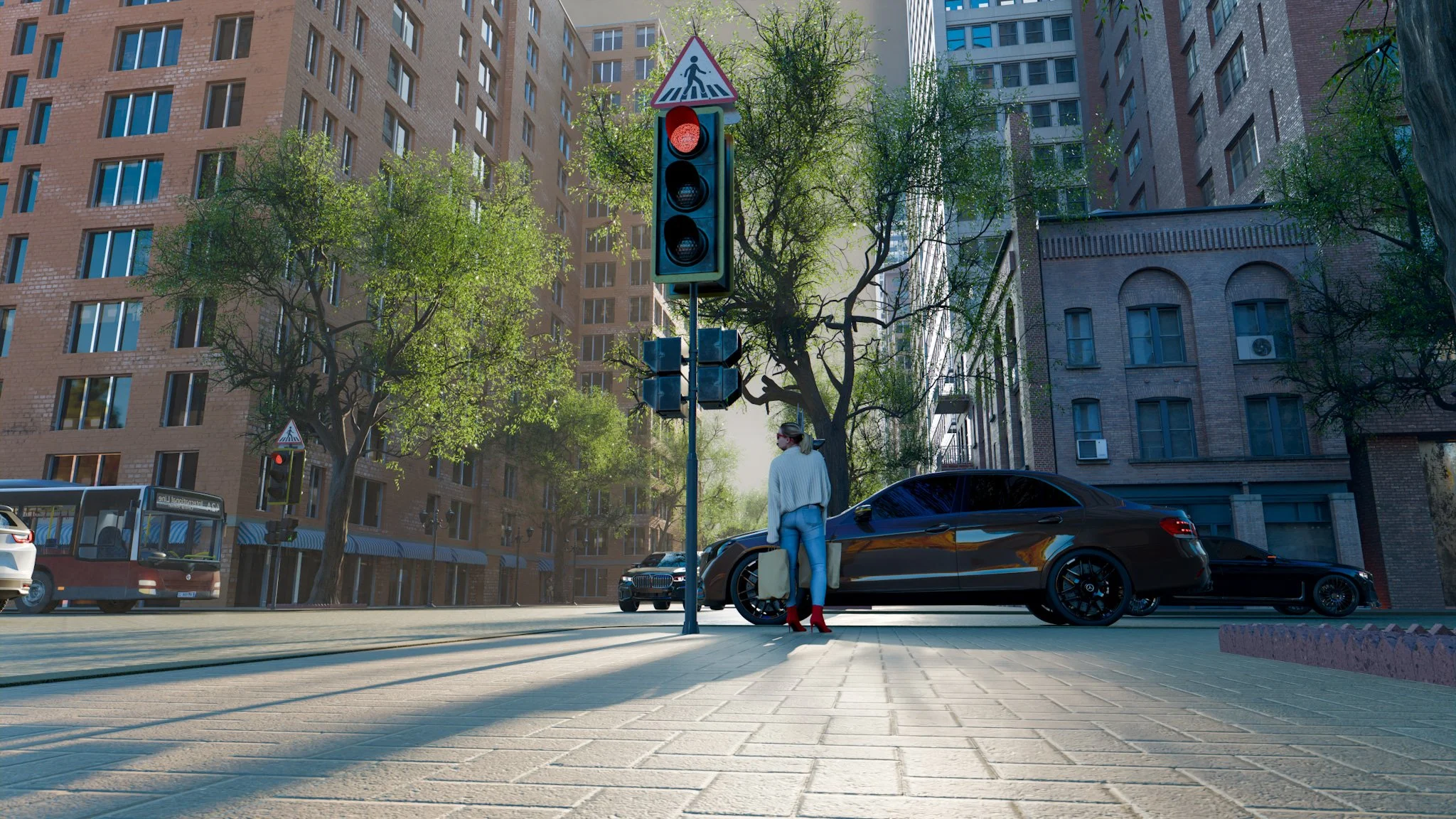 CGI visual | A woman with blonde hair, wearing a white sweater, blue jeans, and red high heels, stands at a crosswalk holding a beige suitcase. She is waiting for the traffic light to turn green to cross the street. The city street is lined with tall