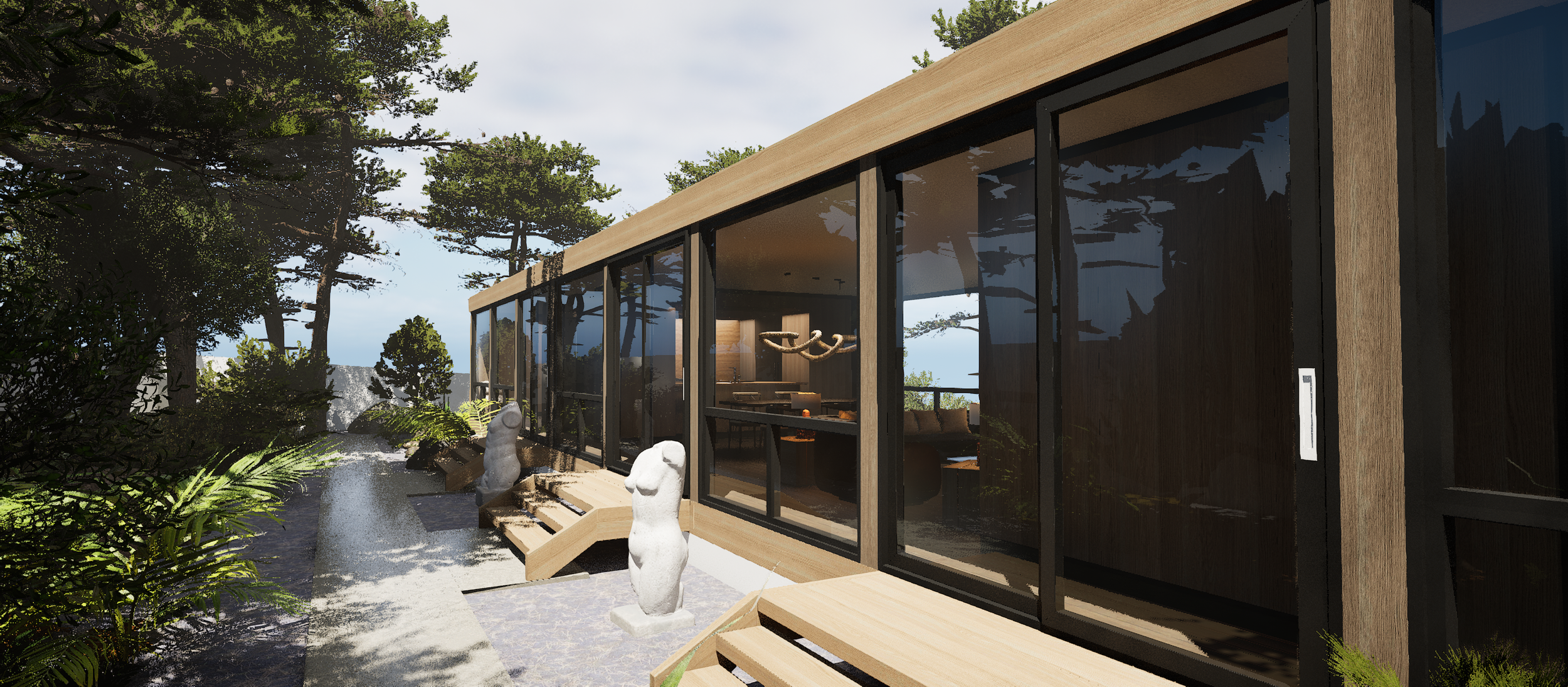 CGI visual of a modern house with large glass sliding doors and wooden accents, surrounded by trees and greenery, with decorative sculptures near the entrance. By Frame Seven