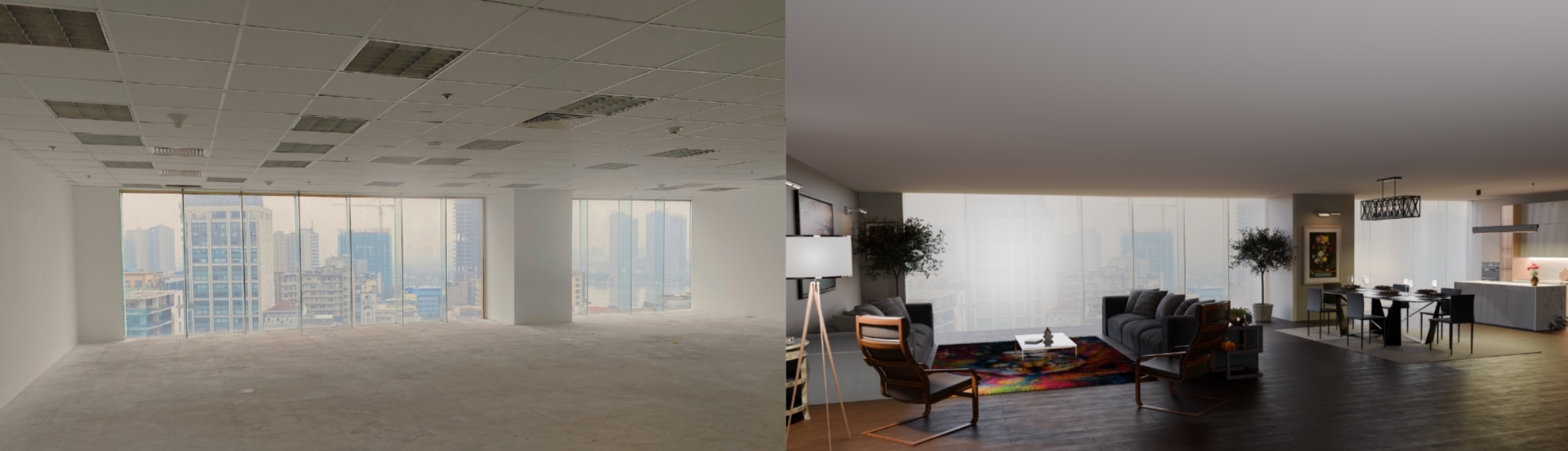Virtual Staging | Of an empty apartment on the left. Fully furnished on the right. By Frame Seven