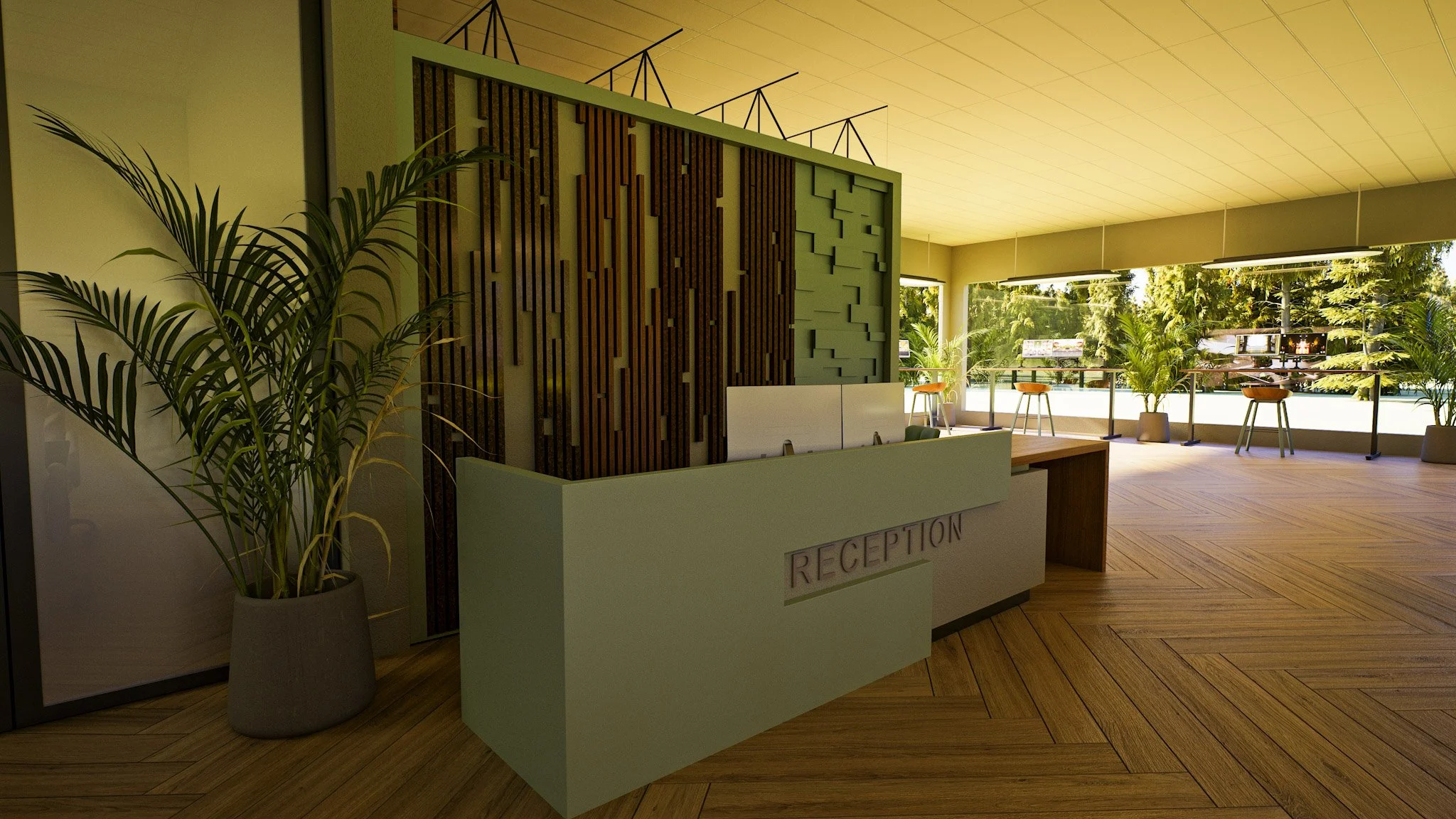 CGI visual | A modern office reception area with a white reception desk, a large potted plant to the left, and a decorative wooden wall behind it. There are large windows with a view of greenery, and a seating area. By Frame Seven