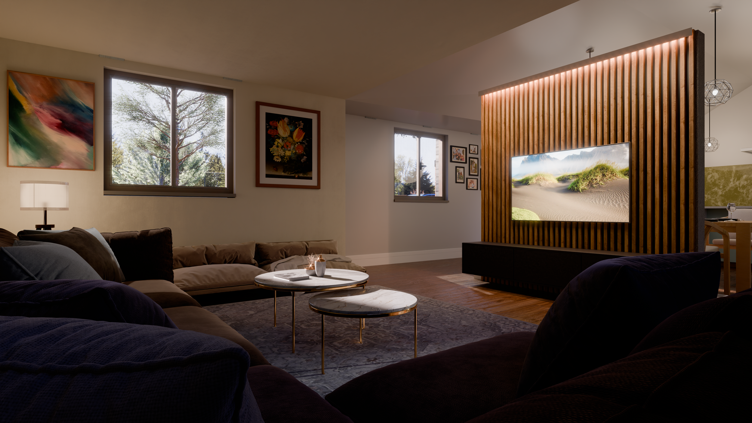 A modern CGI visual of a living room with a dark sofa, round marble coffee tables, and wall art. Large windows let in natural light, and a wooden slat accent wall with a mounted flat-screen TV is prominent. By Frame Seven
