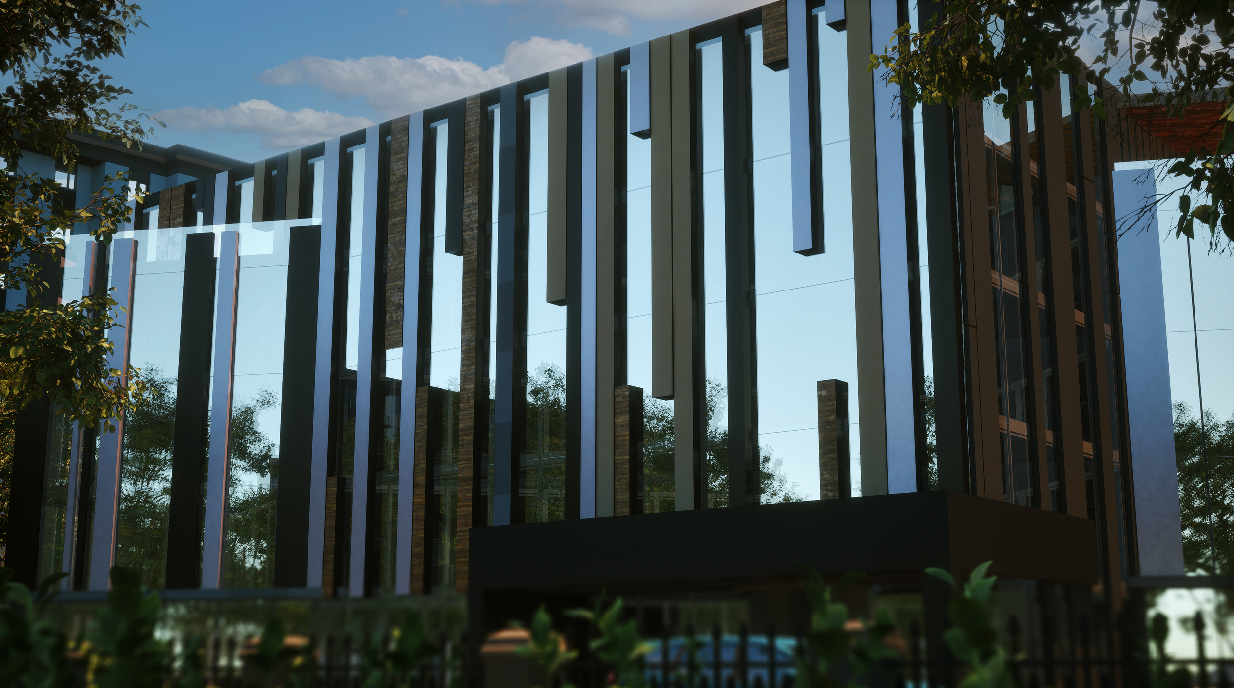 CGI visual | Modern building with vertical glass and metal panels, surrounded by trees and foliage, under a partly cloudy sky. By Frame Seven