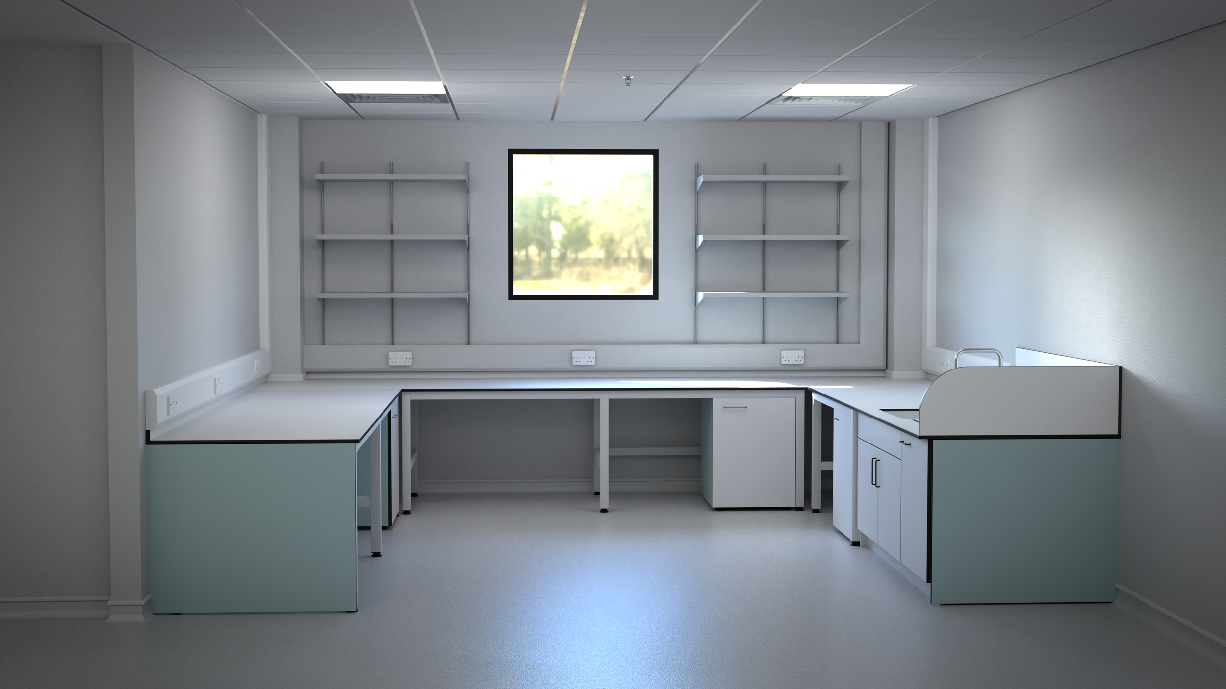 CGI visual | Empty hospital or medical laboratory room with cabinets, shelves, a window, and a sink. By Frame Seven