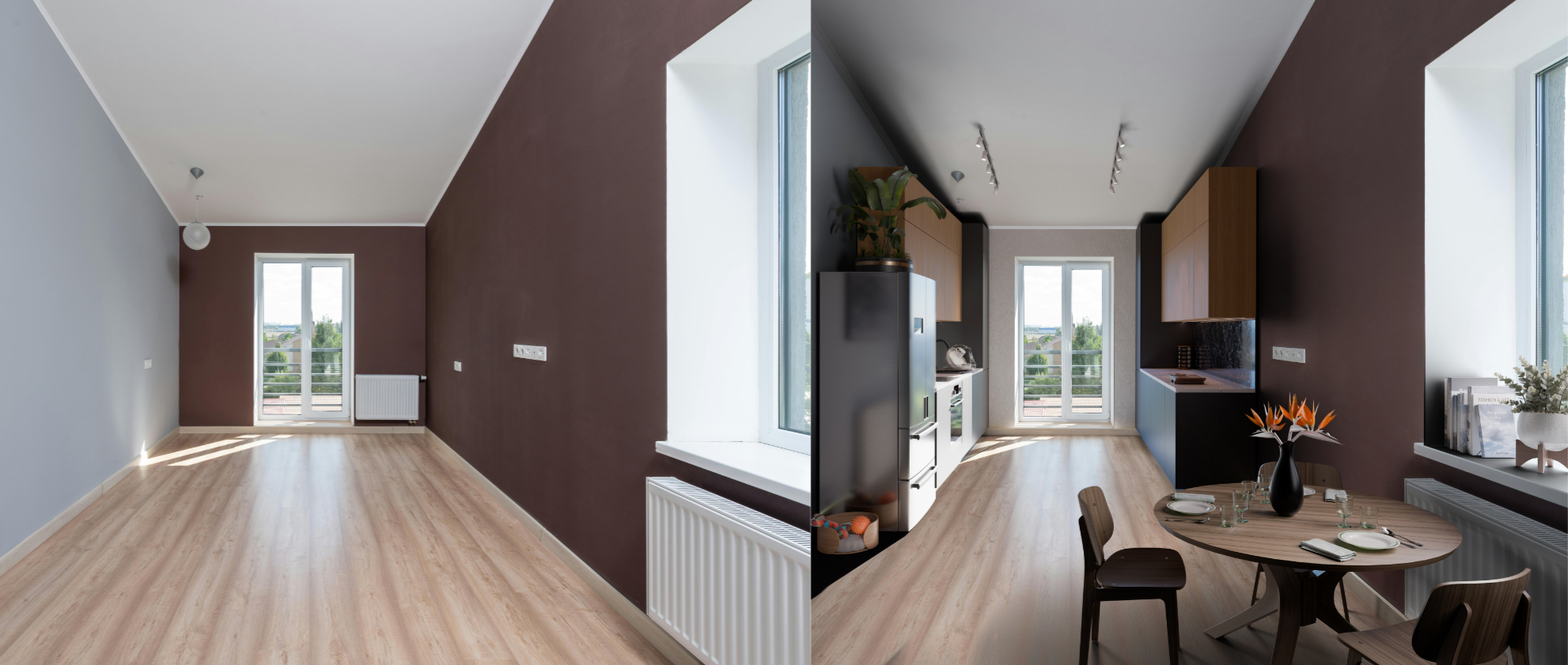 Virtual staging | Empty room on the left. Virtually staged kitchen and dinning area on the right. By Frame Seven