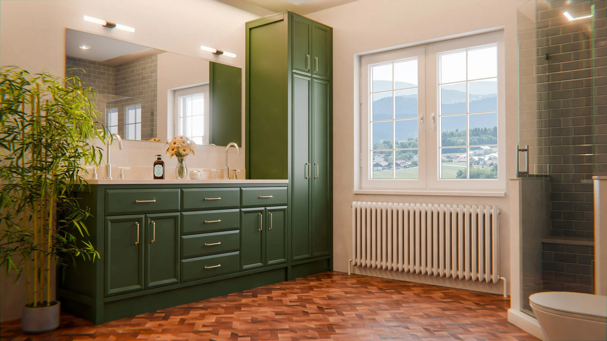 CGI visual of a modern bathroom with green cabinetry, large mirror, window showing a scenic view, potted plant, radiator, and partial shower area. By Frame Seven