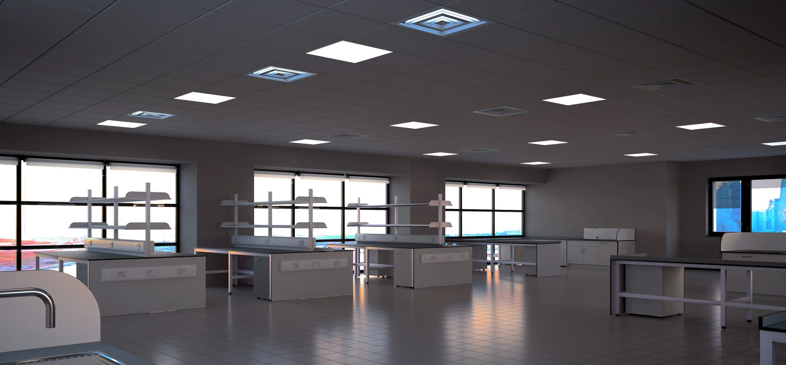 CGI visual | Modern Life Science lab with large windows and tiled flooring. By Frame Seven