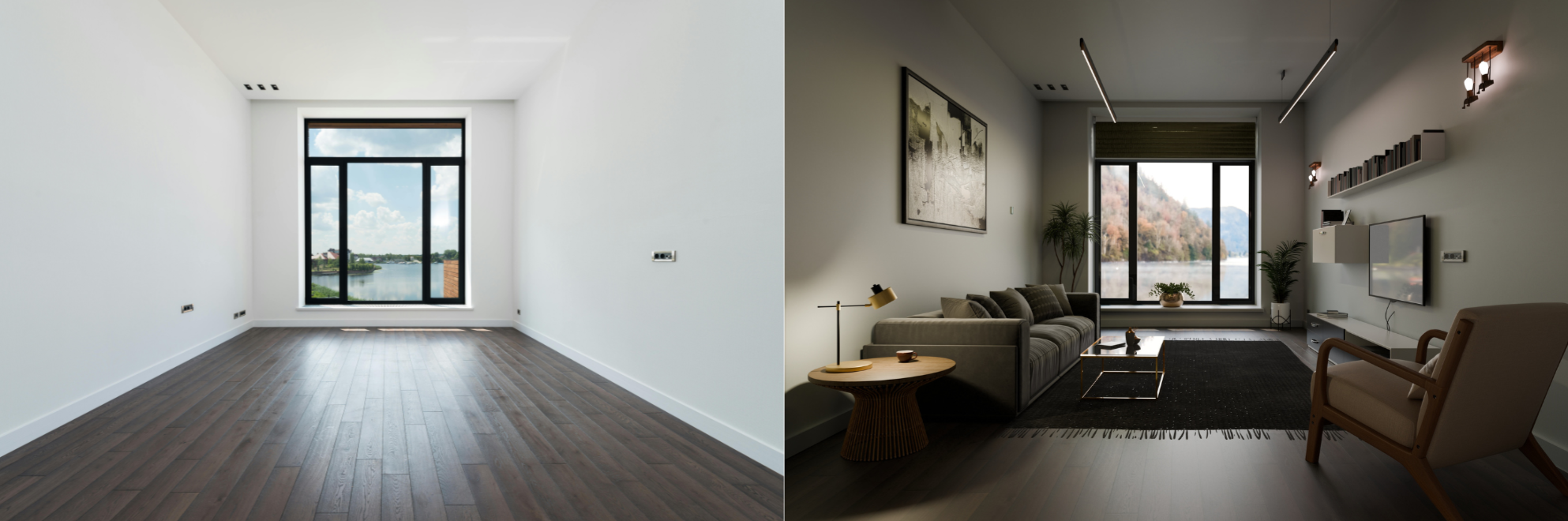 Virtual staging | Empty room with whit wall and large windows on the left. Virtually staged living room on the right, By Frame Seven