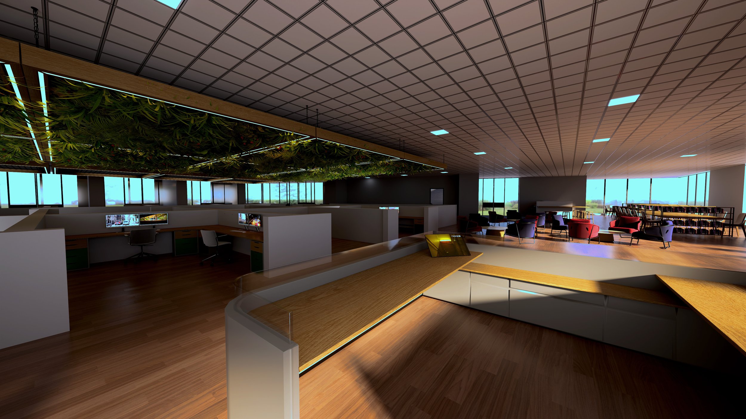 CGI visualisation of a modern office space with a green living wall, workstations with monitors, and a lounge area with colourful chairs and large windows showing a city view. By Frame Seven