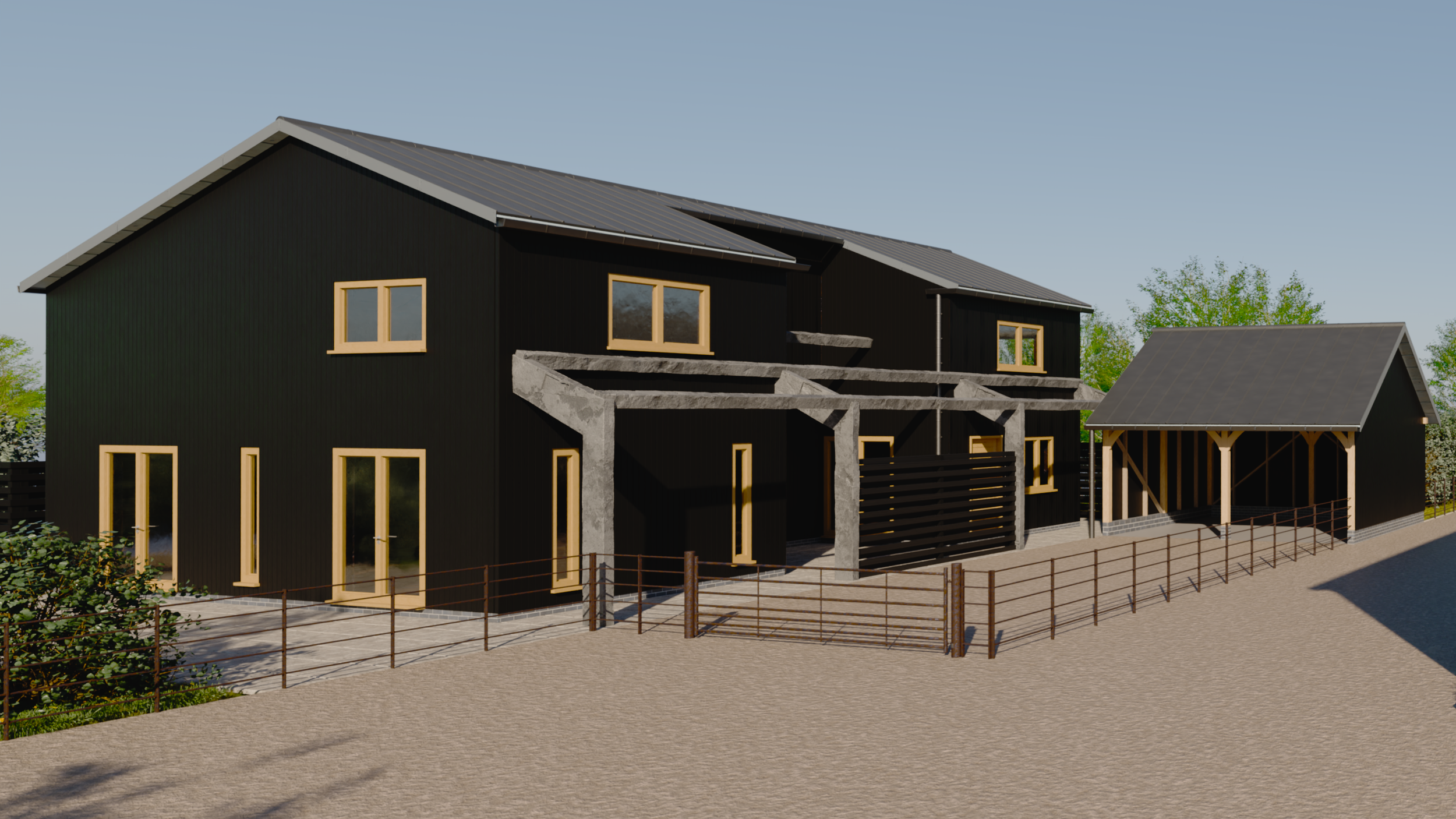 CGI of modern black two-story house with wooden window frames, a sloped metal roof, and a detached structure, all enclosed by a brown metal fence on a gravel yard with trees in the background. By Frame Seven