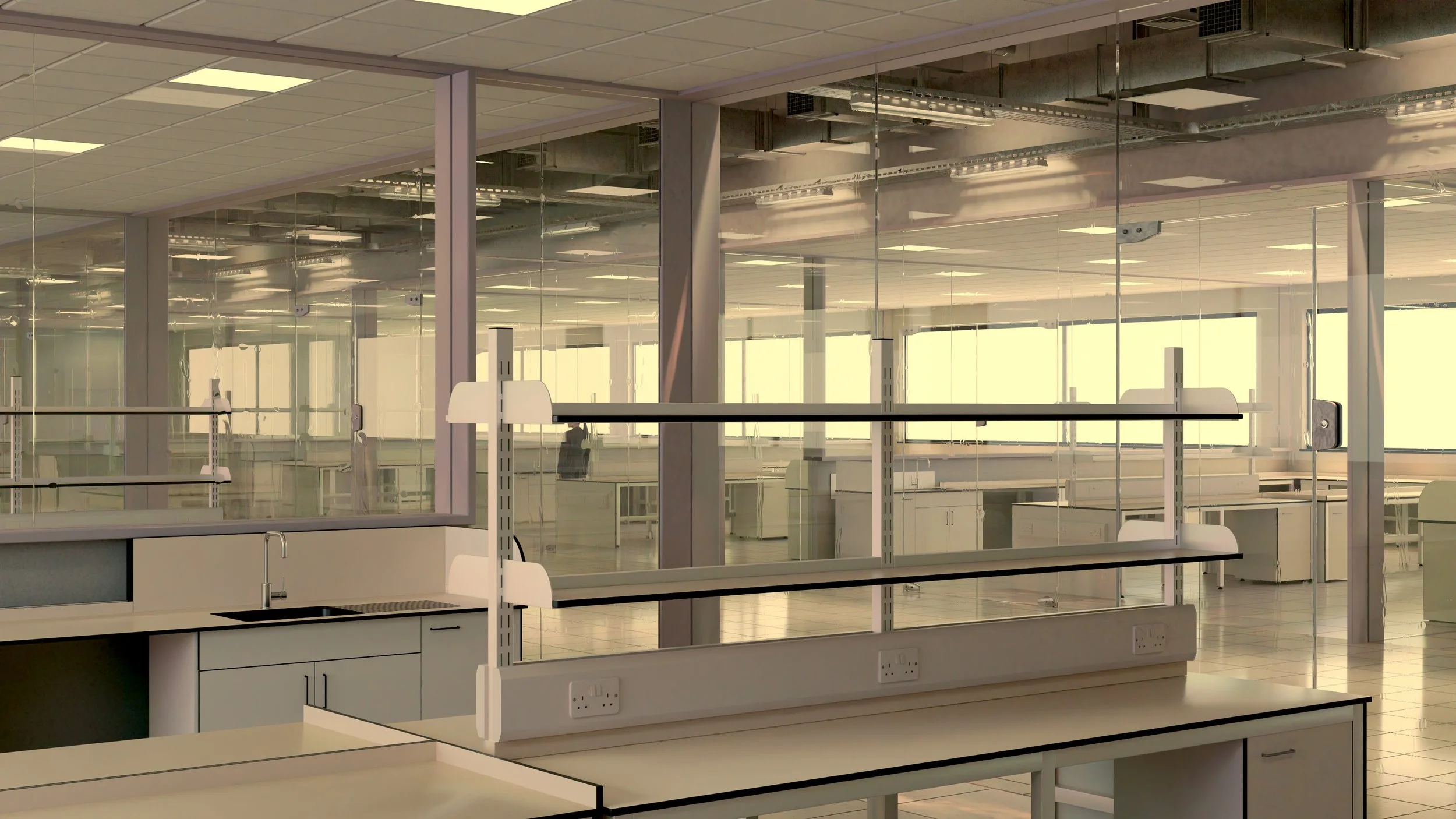 CGI visual | Empty laboratory with glass walls, white cabinets, and shelves, illuminated by ceiling lights and natural light from large windows. By Frame Seven