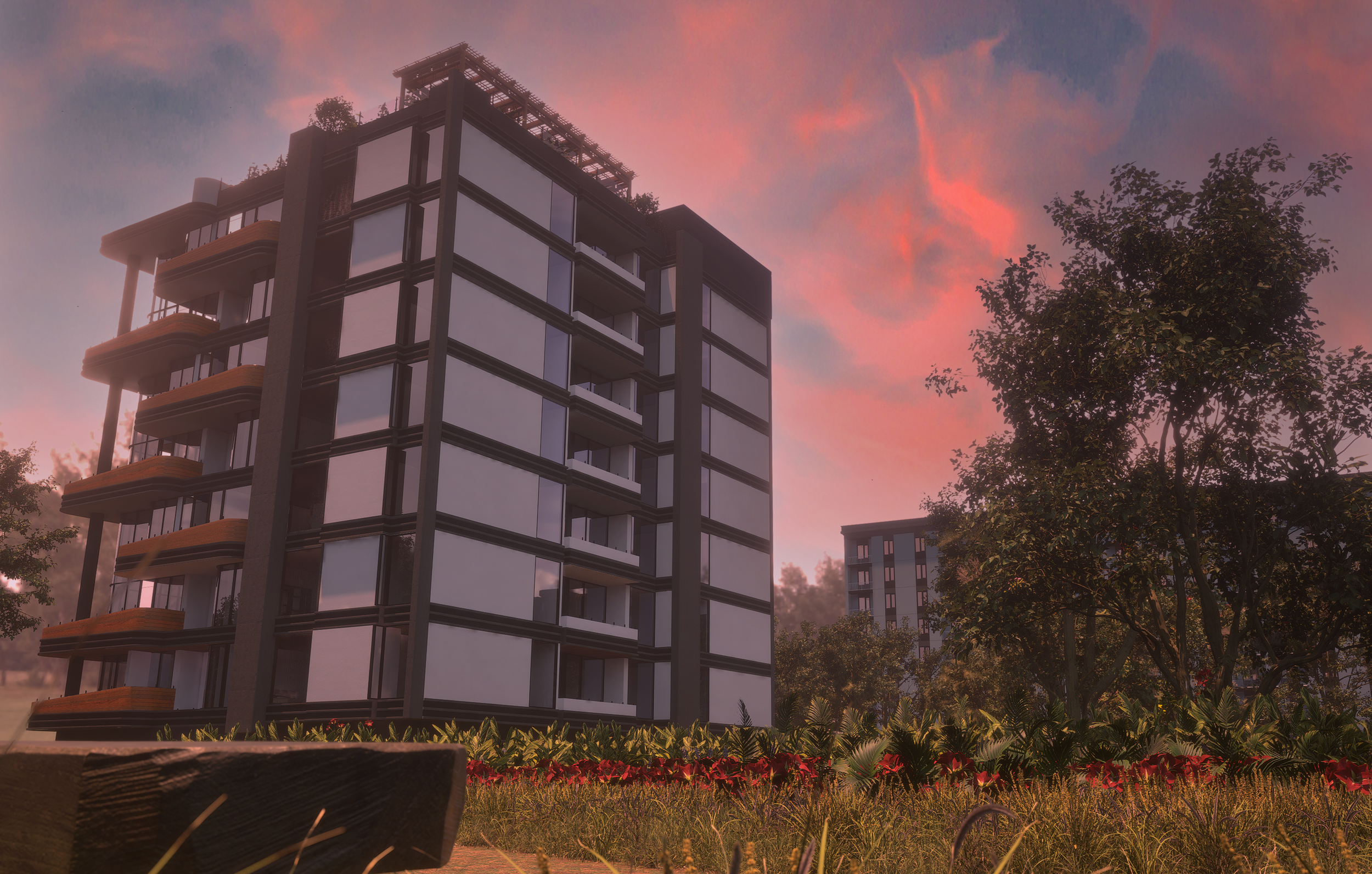CGI visual | A modern multi-story apartment building under a colourful sunset sky with trees and palm plants in the foreground. By Frame Seven