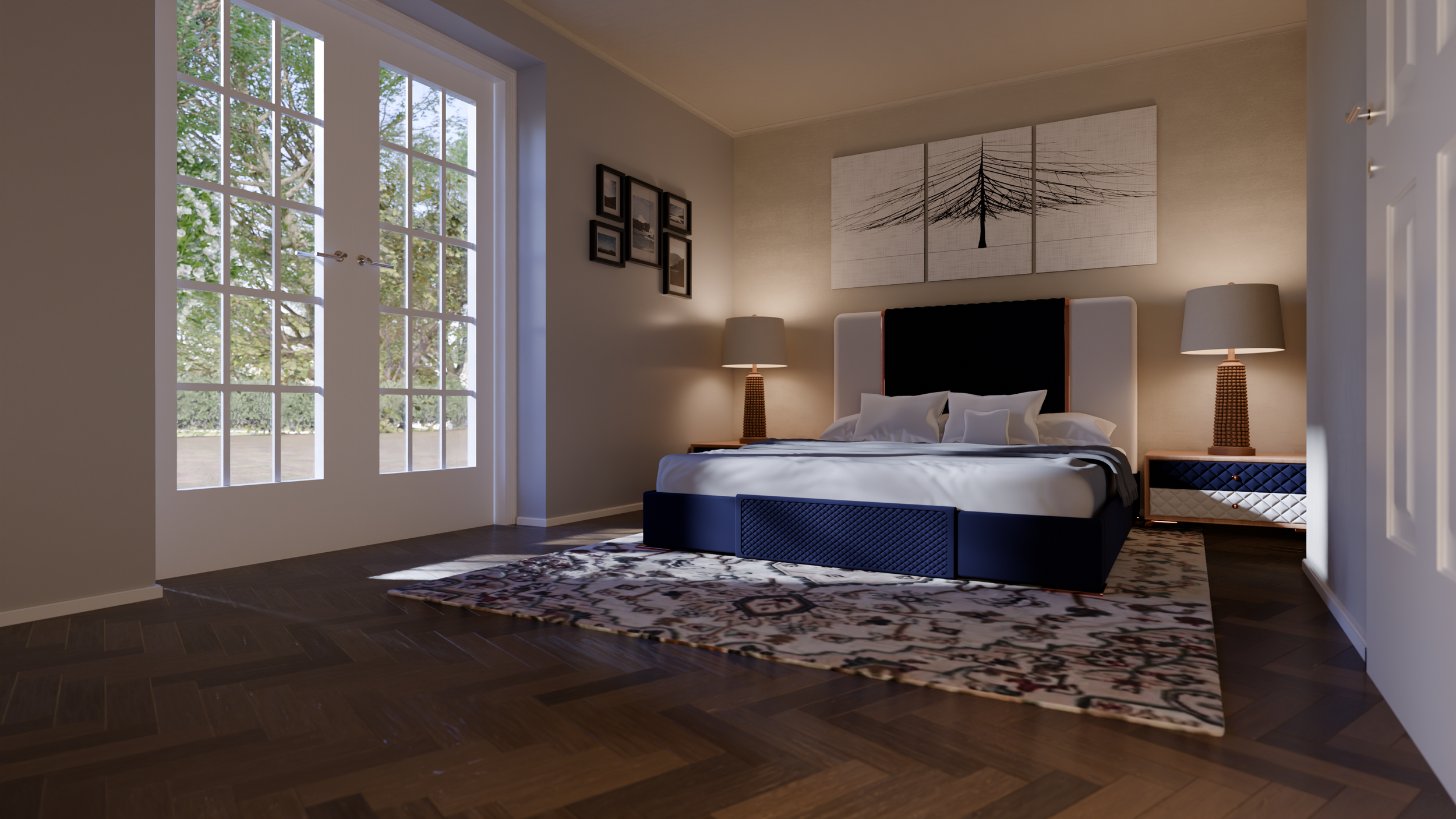 Cozy bedroom with large window, double glass doors, and a view of trees outside. Features a bed with white bedding, two nightstands with lamps, and framed wall art above the headboard. An ornate rug is on the dark wood floor.