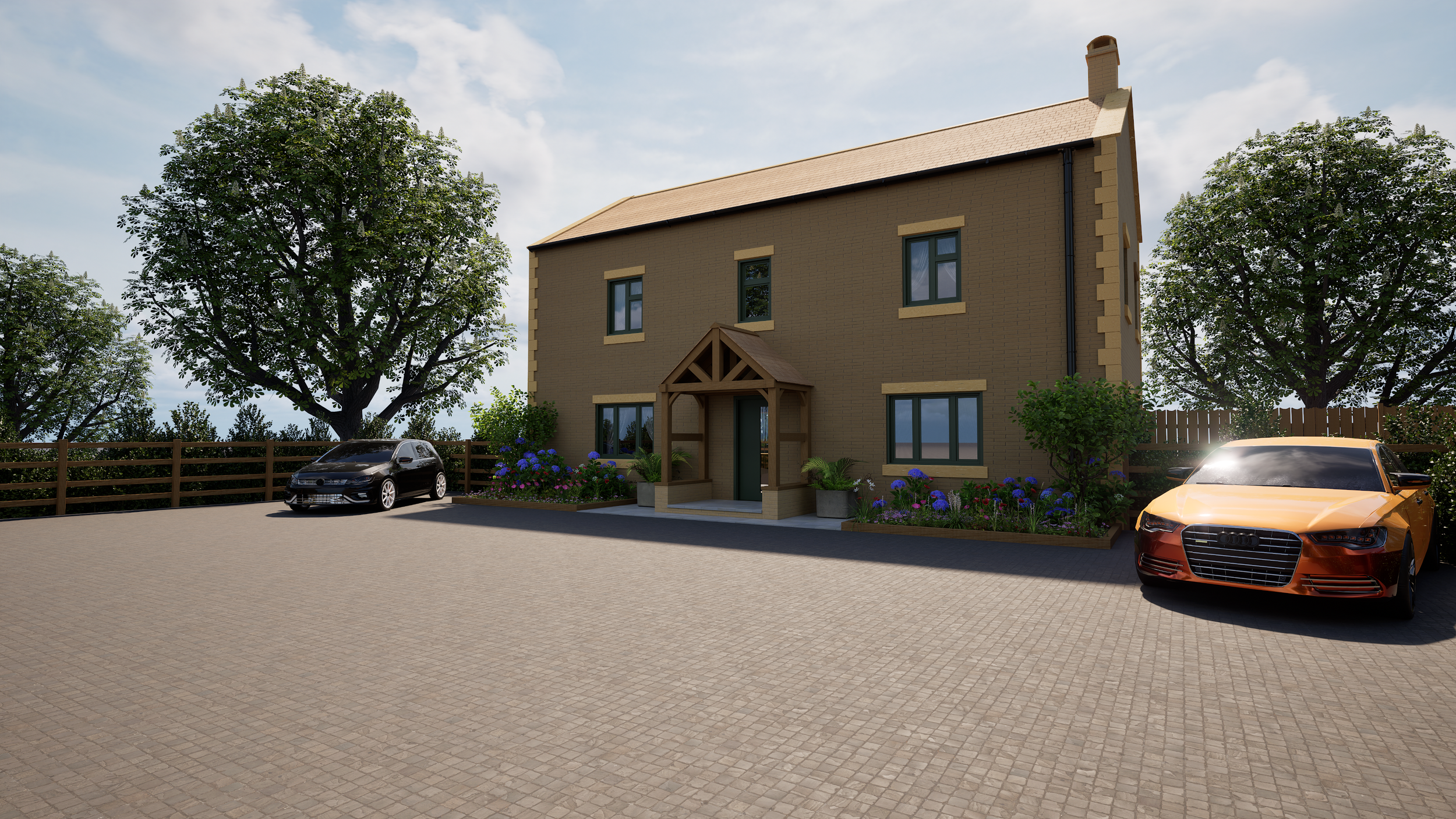 A CGI visual of a two-story house with a brown brick exterior, front porch with wooden trim, and surrounding trees and shrubs. Two cars are parked in the driveway, one black and one orange. By Frame Seven