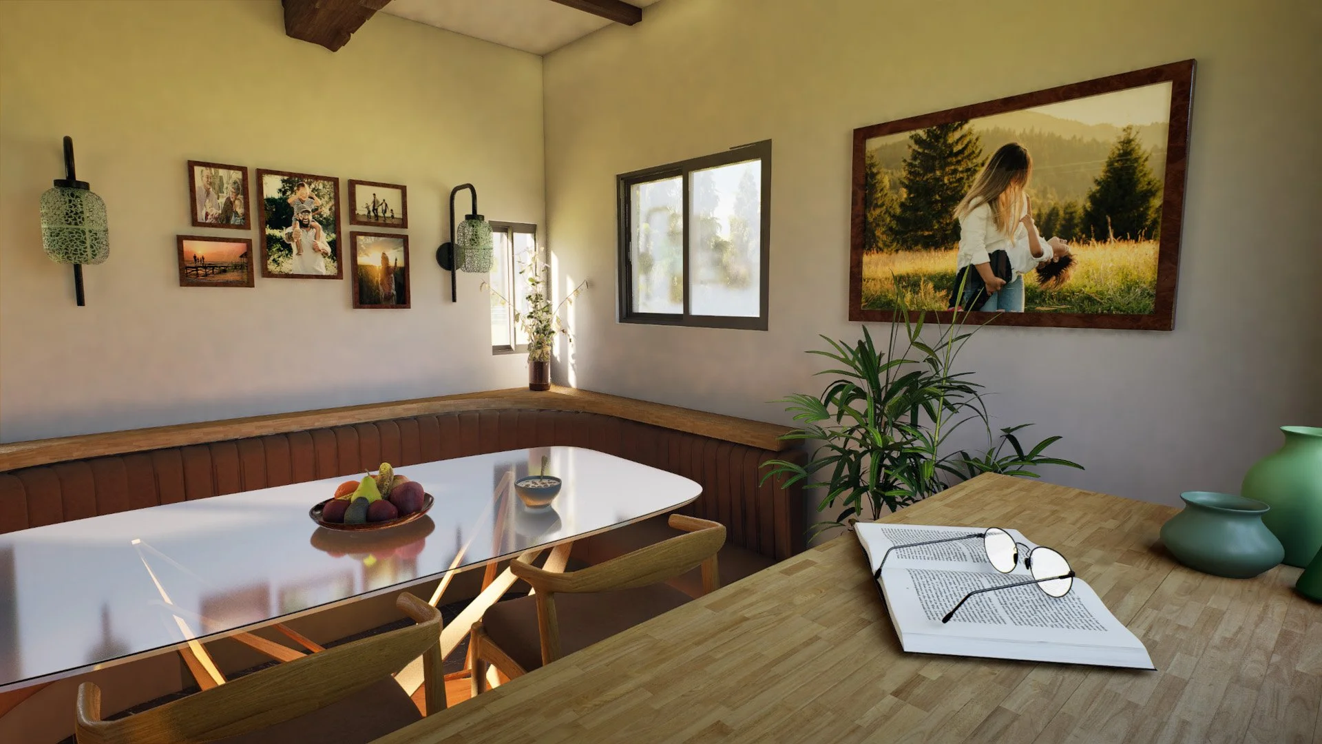CGI visual | A dining room with a wooden table, chairs, and a bench, decorated with framed photos and paintings on the wall, a bowl of fruit, an open book with reading glasses, green vases, potted plants. By Frame Seven