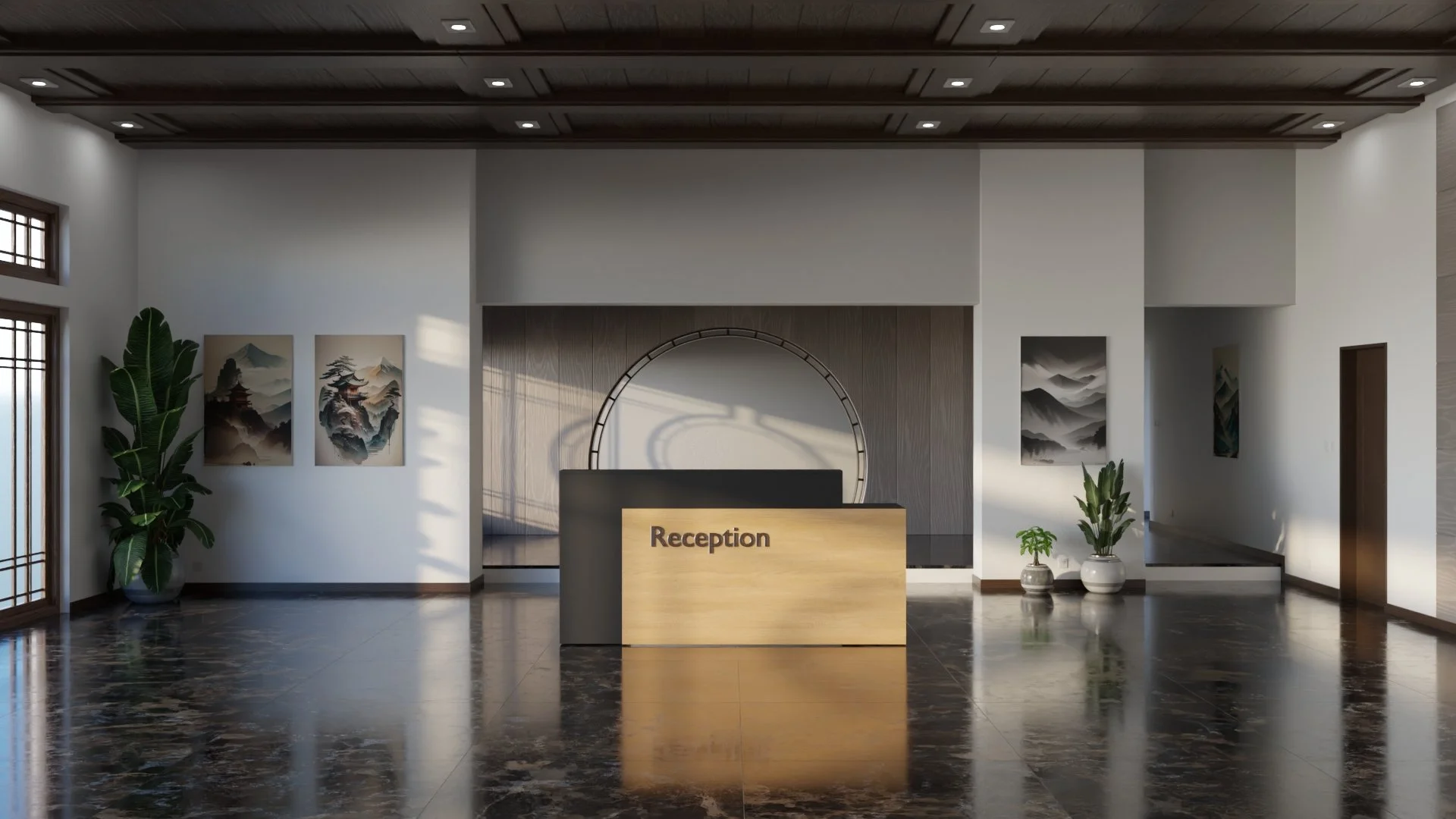 Modern hotel reception area with a wooden desk labeled 'Reception', dark marble floor, potted plants, and wall art featuring mountain landscapes