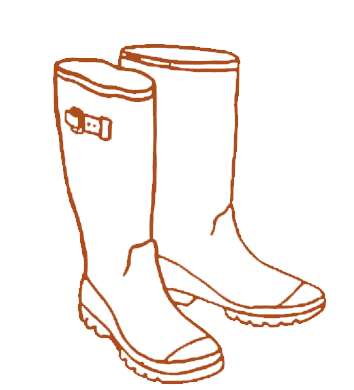 Outline drawing of a pair of rubber rain boots, one slightly behind the other.