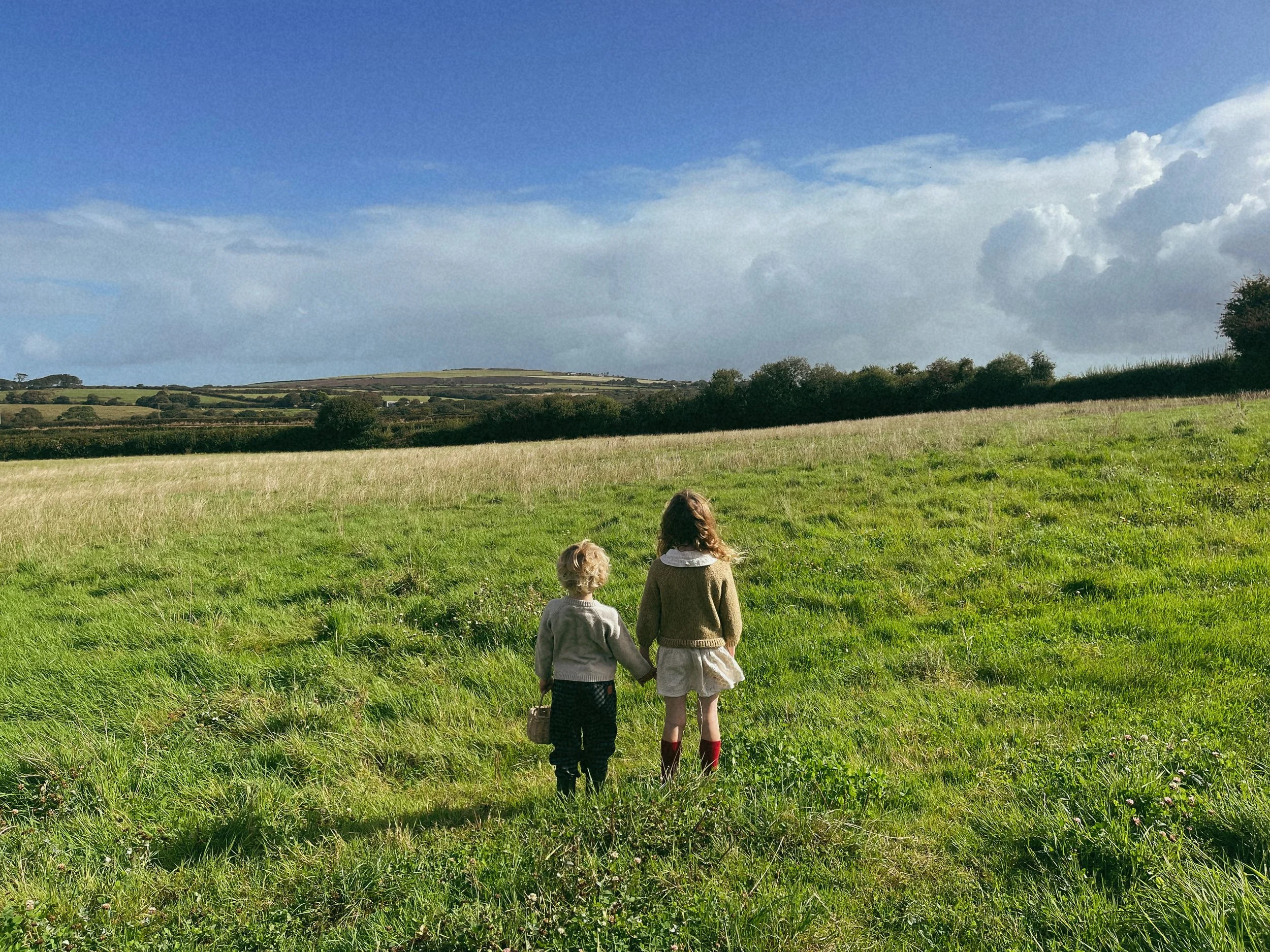 Two children, a boy and a girl, walking hand-in-hand through a grassy field with rolling hills and a partly cloudy sky in the background.