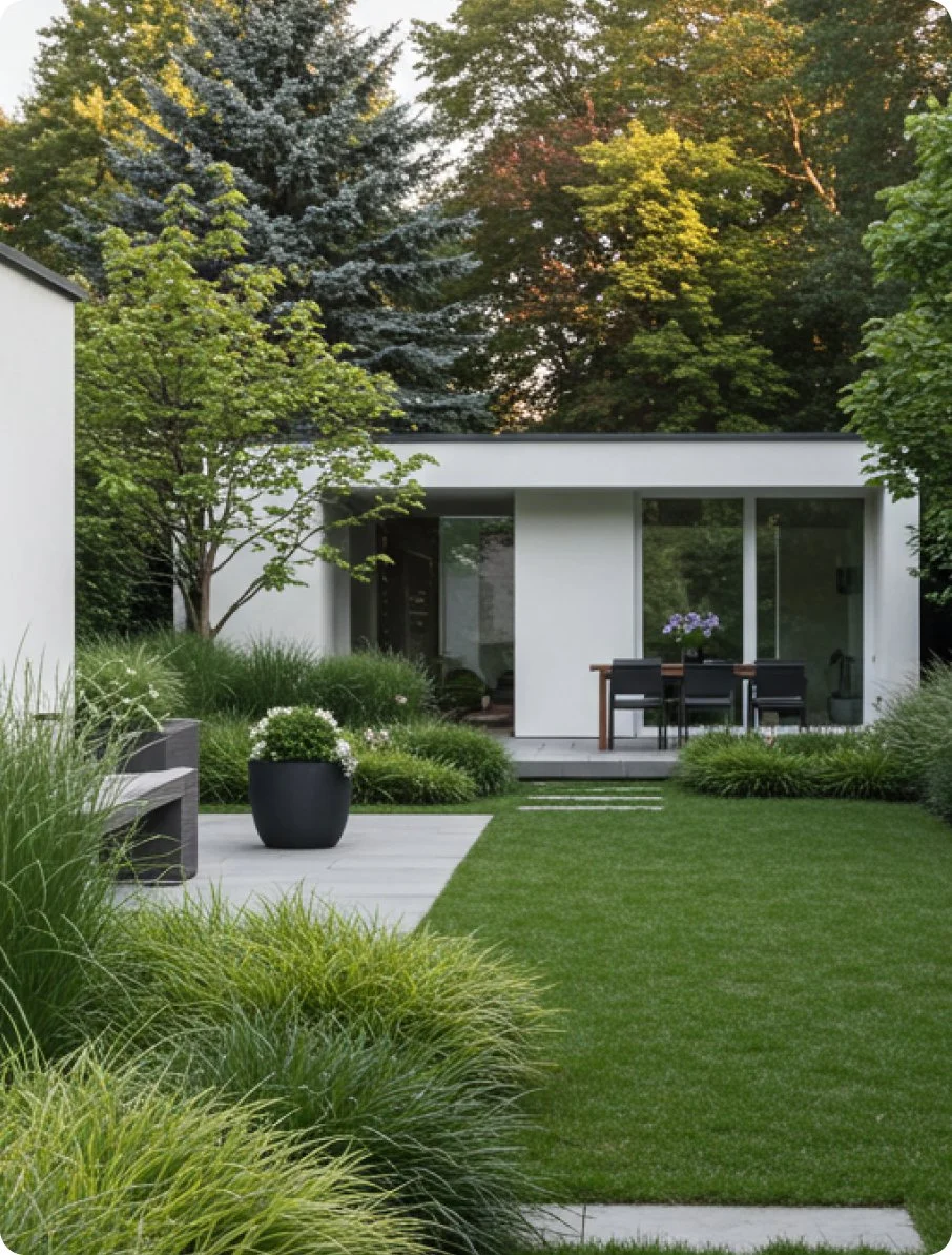 Ein moderner Garten mit grüner Rasenfläche, Bäumen und einem weißen Haus mit großer Fensterfront, einem Terrassentisch mit Stühlen und schönen Pflanzen.