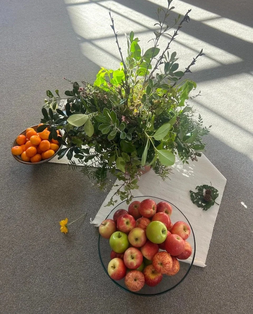 A bowl of red and green apples, a small bowl of orange tomatoes, and a potted plant with green leaves and purple flowers on a table with a white cloth, lit with sunlight.