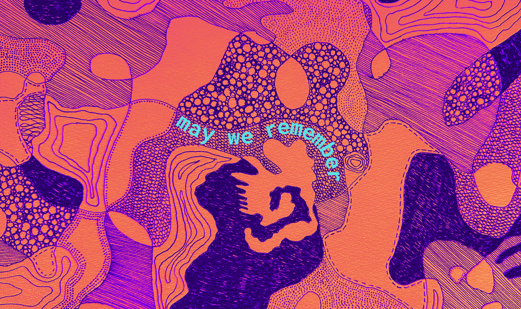 Abstract digital artwork featuring topographical lines in purple and orange hues, with a stylized face silhouette and the phrase "may we remember" written in light blue Curved text.