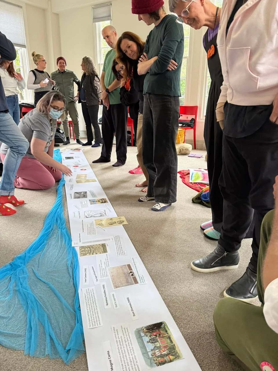 Group of people observing a long timeline display laid out on the floor, with one person explaining it while kneeling.