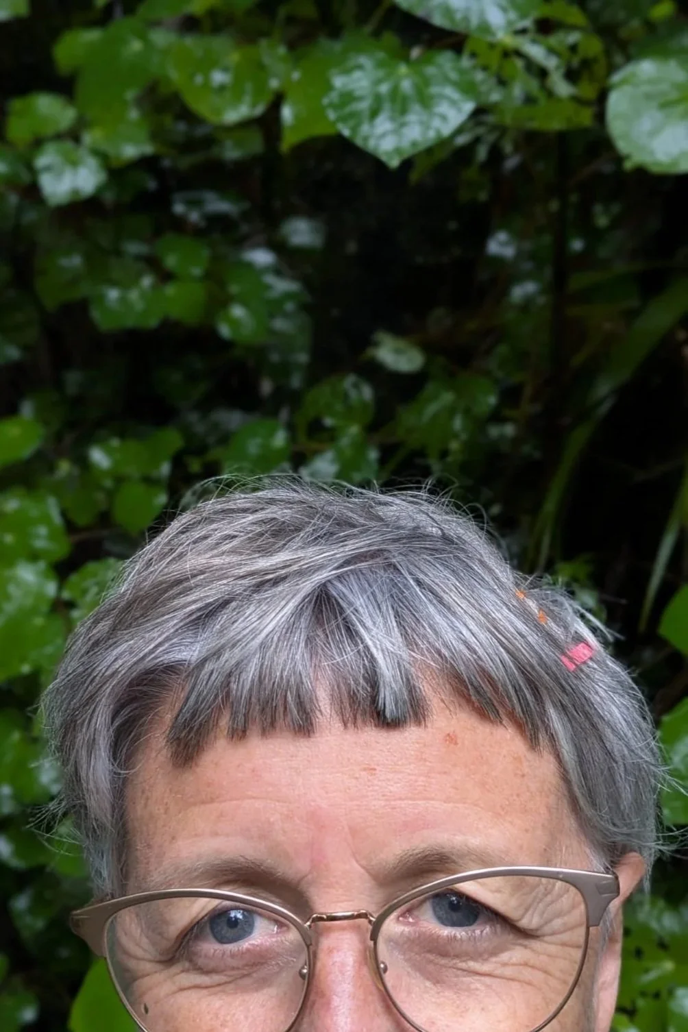 Close-up of an elderly woman's face with short gray hair, glasses, and blue eyes, with a background of green leaves.